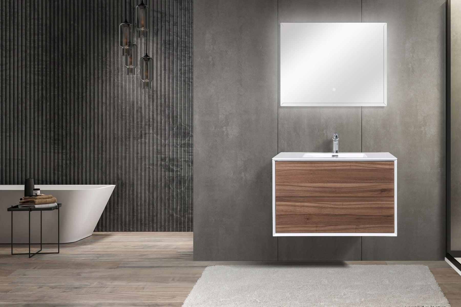 36" Walnut Wall Mount Vanity with White Polymarble Countertop - Image 6