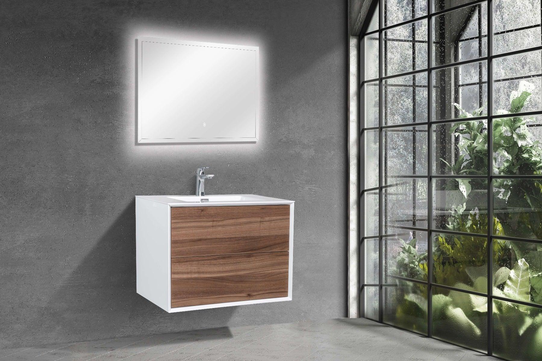 30" Walnut Wall Mount Vanity with White Polymarble Countertop - Image 7