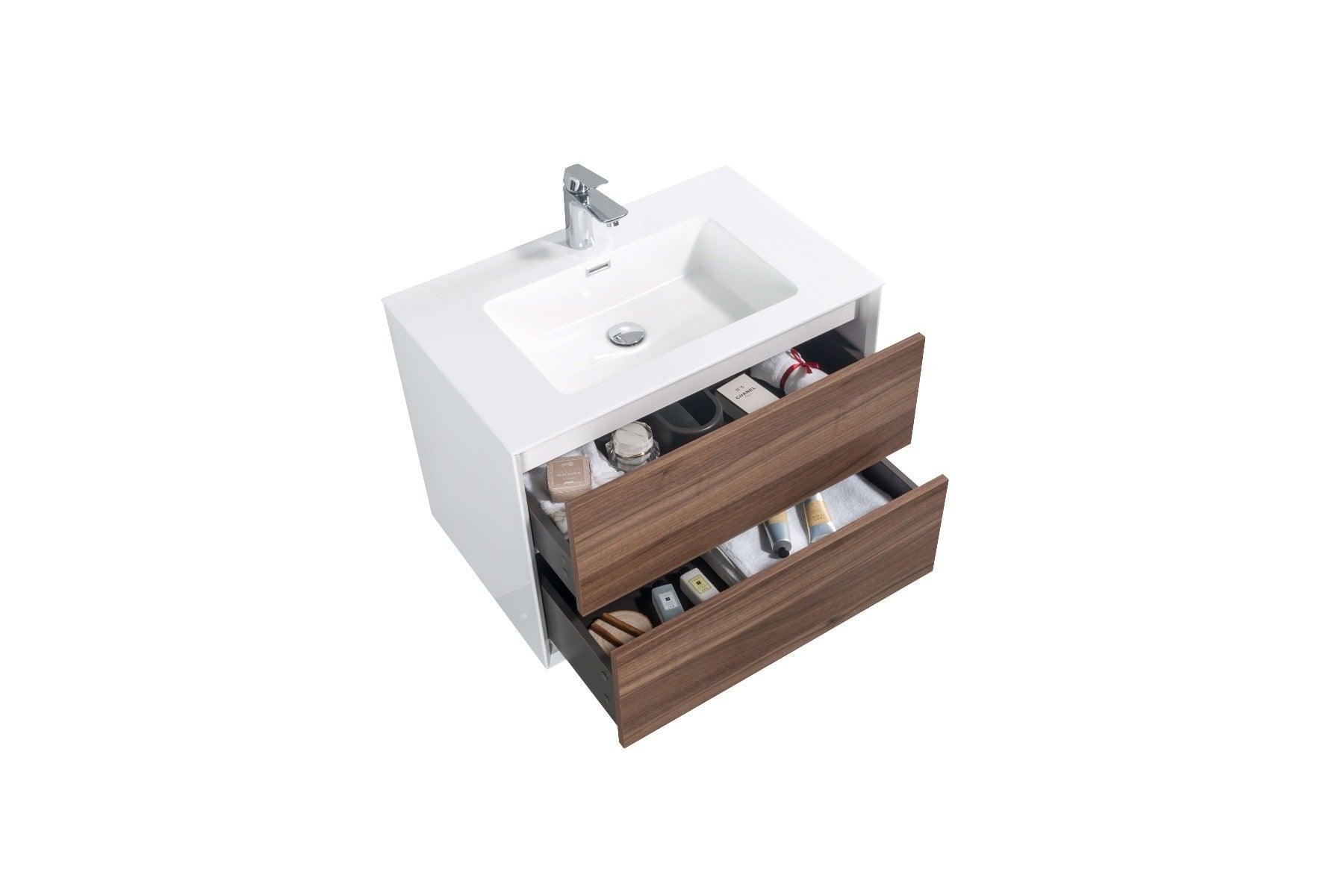 30" Walnut Wall Mount Vanity with White Polymarble Countertop - Image 4