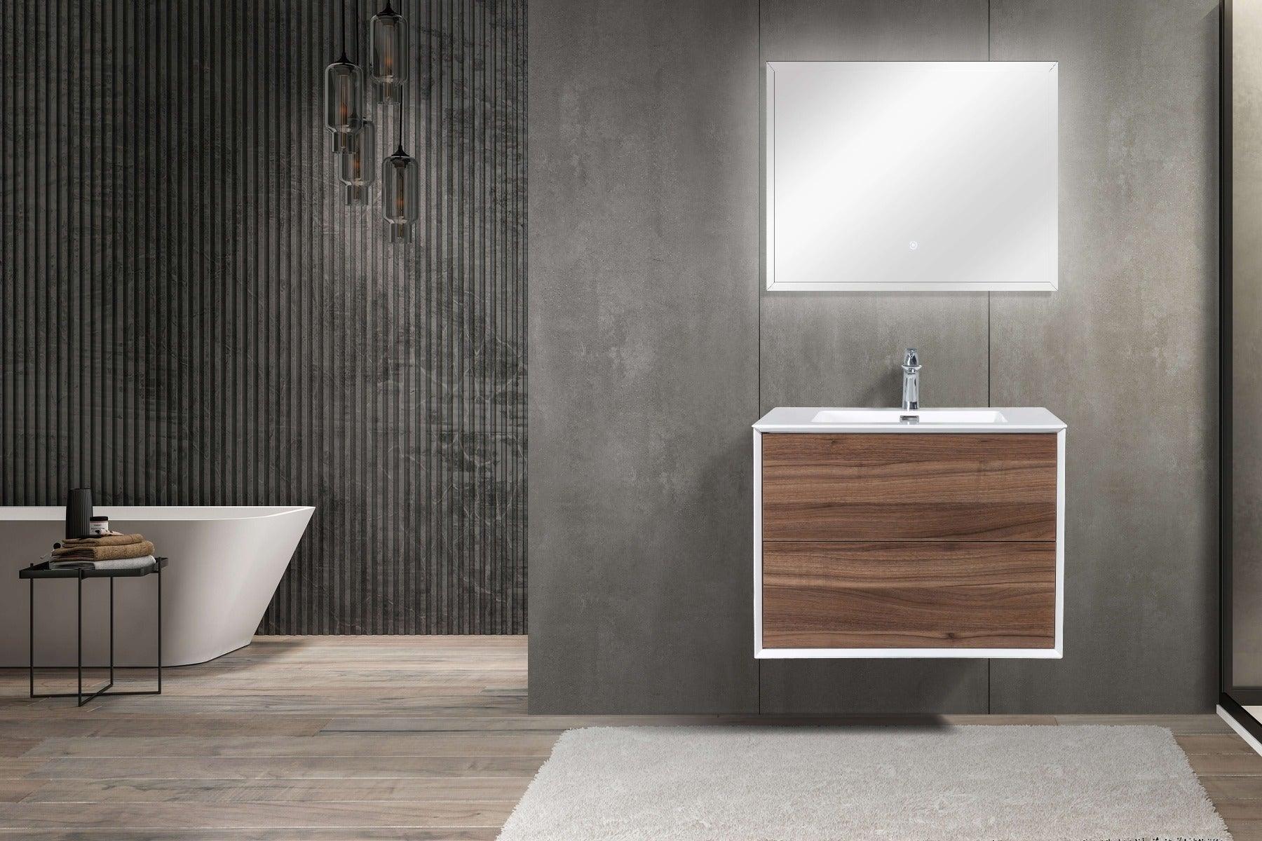 30" Walnut Wall Mount Vanity with White Polymarble Countertop - Image 6