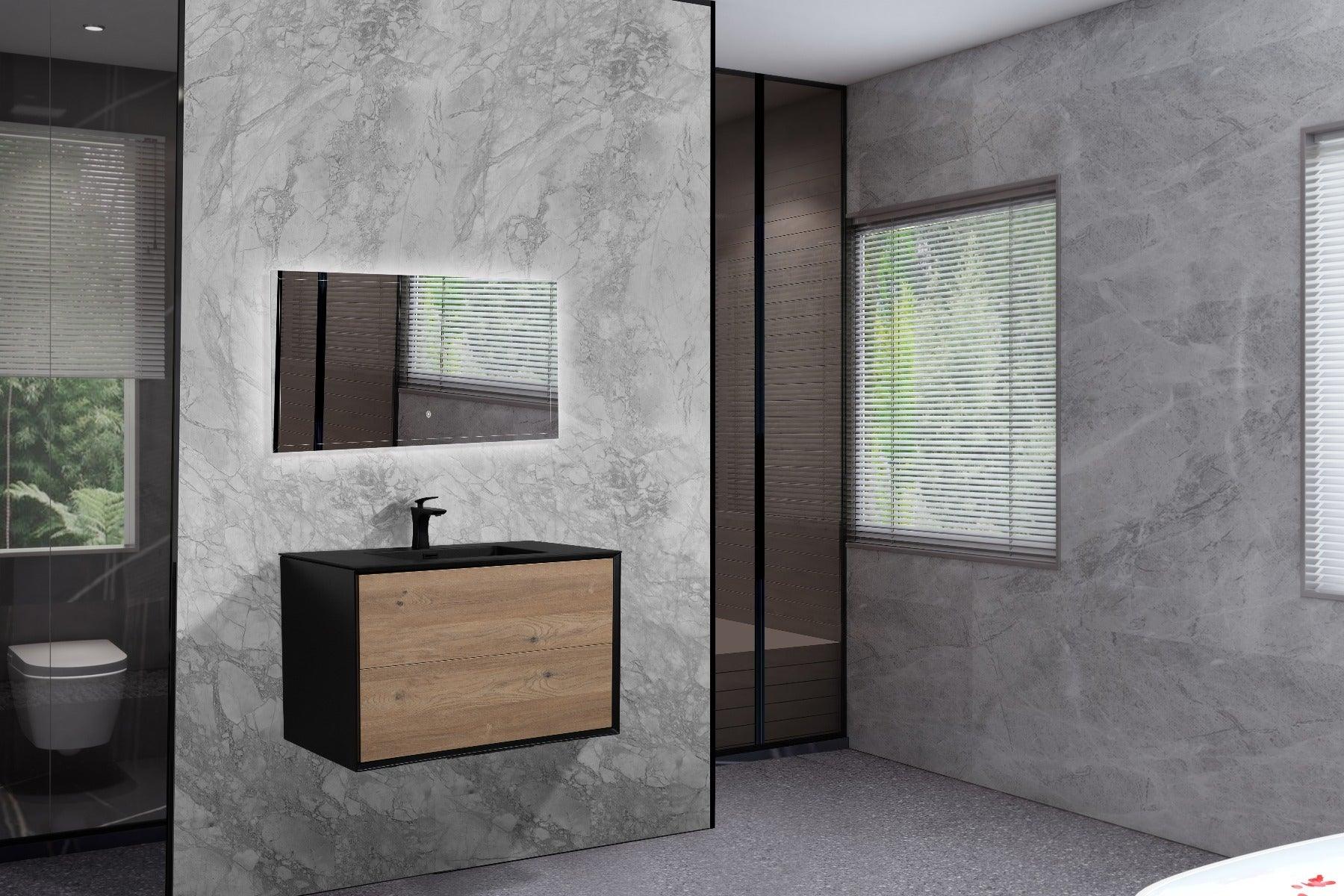 36" Black & Rough Oak Wall Mount Single Sink Bathroom Vanity with Black Engineered Quartz Countertop Fleur – Image 7