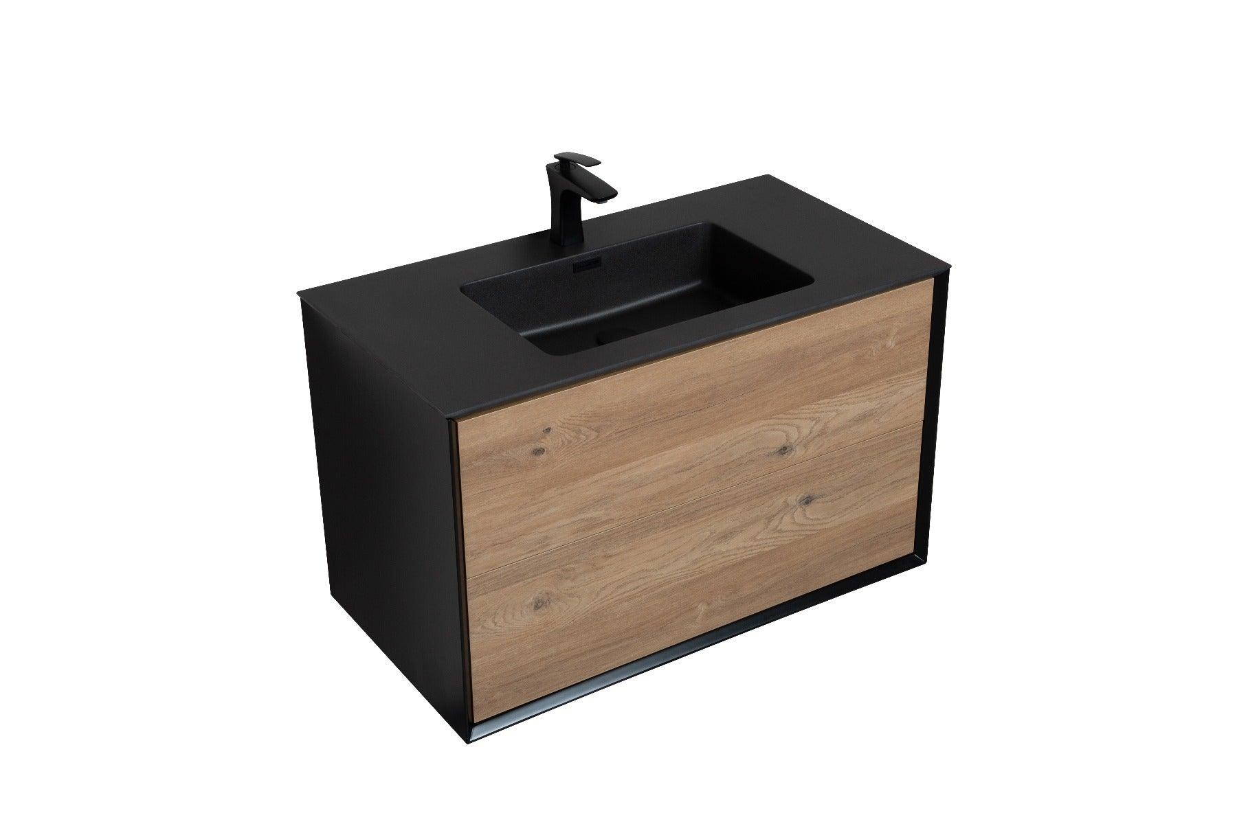 36" Black & Rough Oak Wall Mount Single Sink Bathroom Vanity with Black Engineered Quartz Countertop Fleur – Image 3