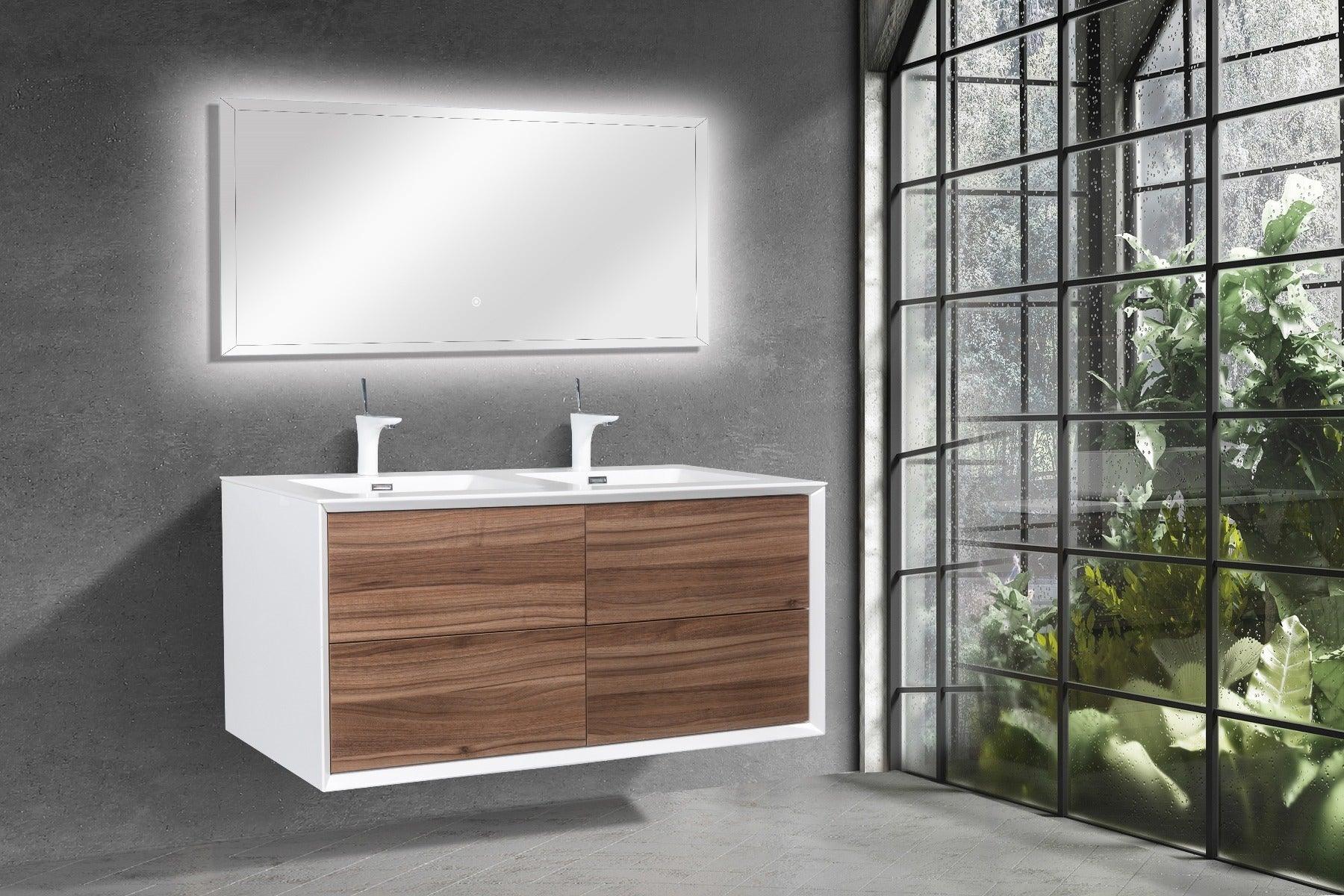 48" Walnut Wall Mount Double Sink Bathroom Vanity with White Polymarble Countertop Fleur - Image 7