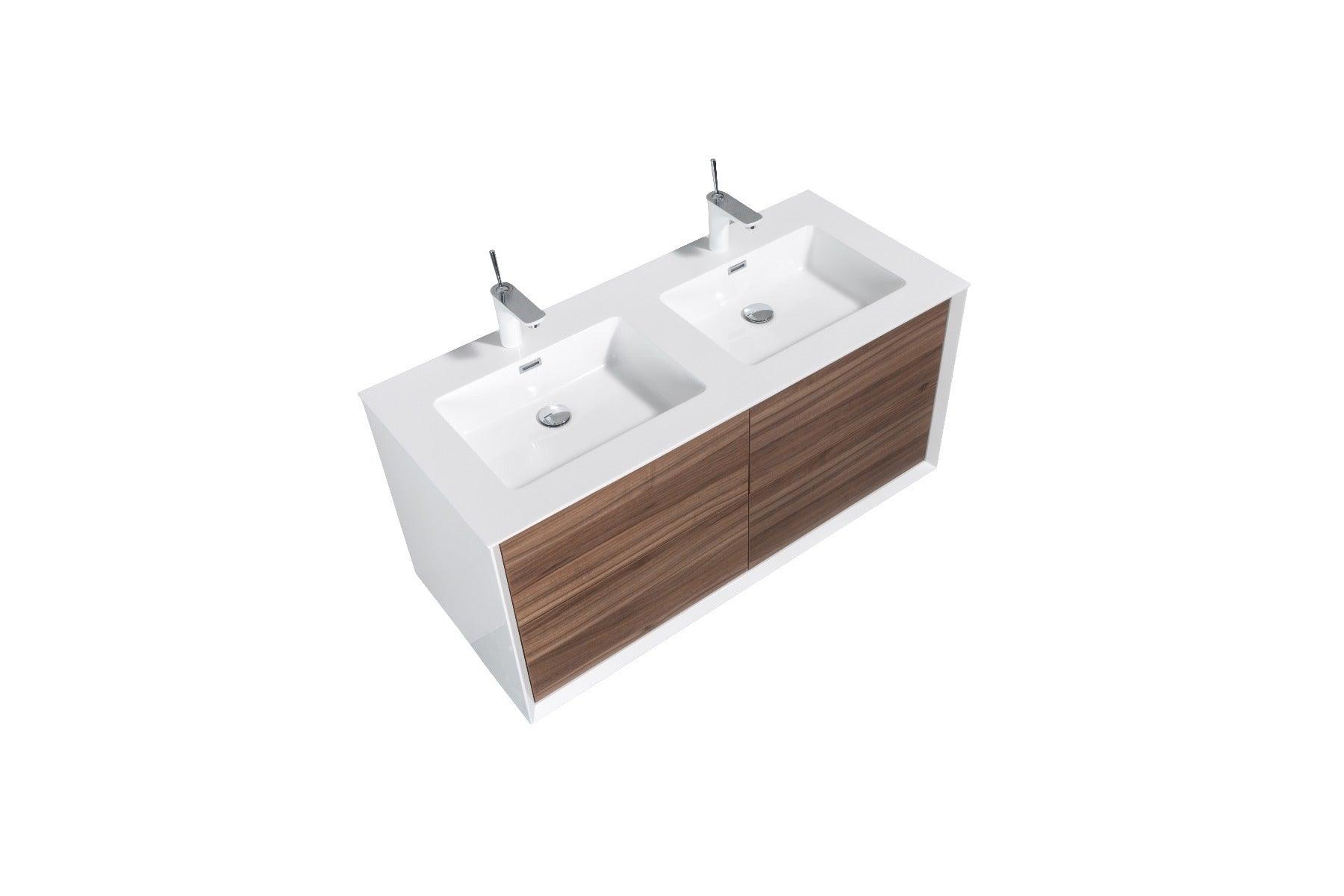 48" Walnut Wall Mount Double Sink Bathroom Vanity with White Polymarble Countertop Fleur - Image 3