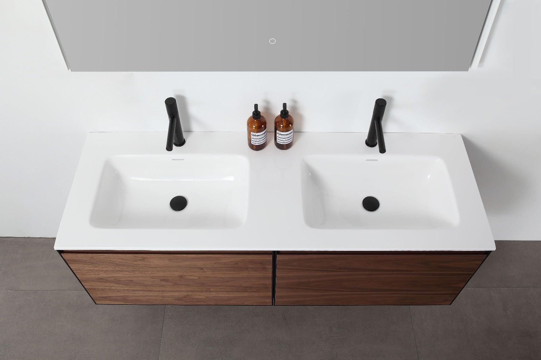 60" Walnut Wall Mount Double Sink Bathroom Vanity with Glossy White Solid Surface Countertop - Image 3