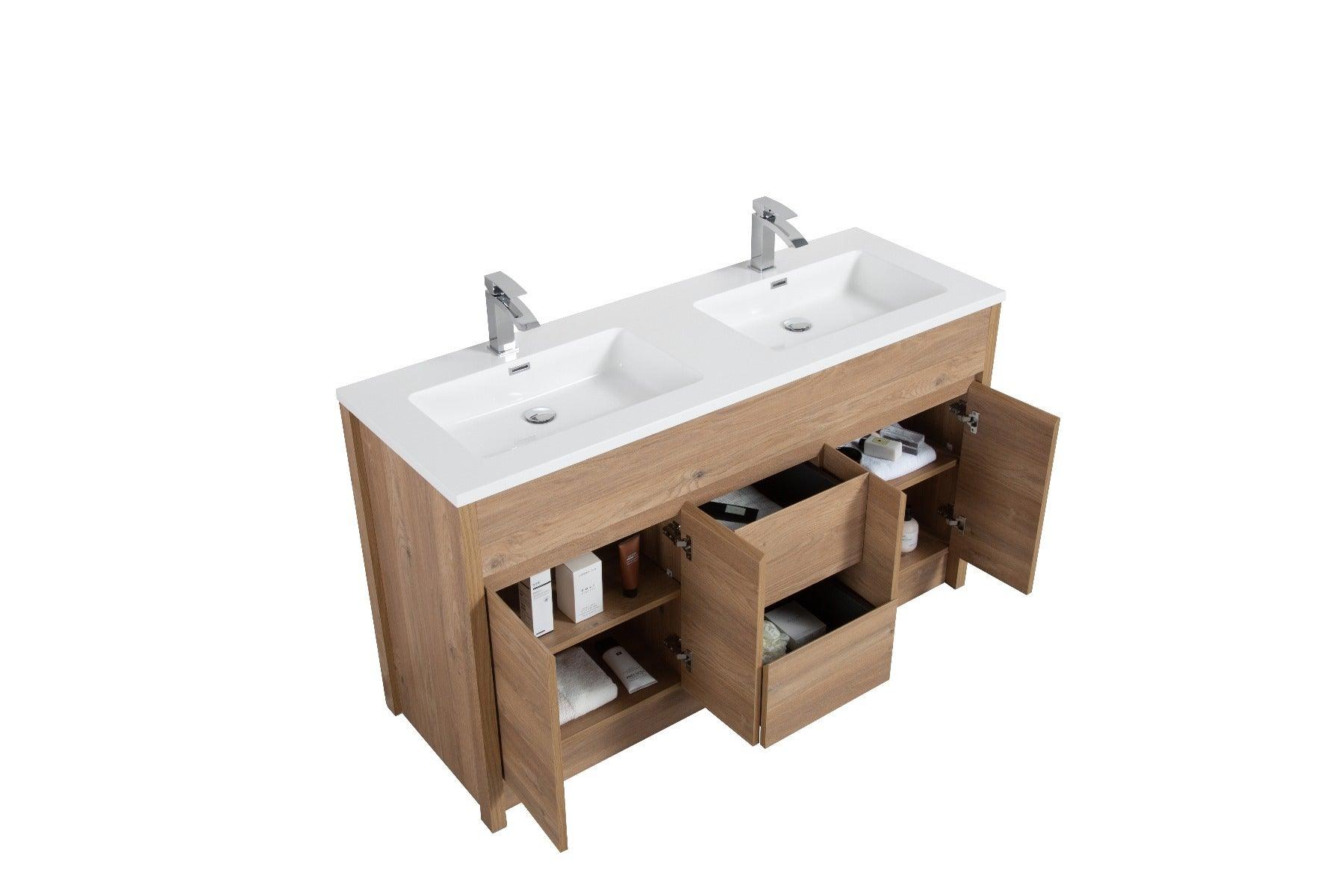 60" Rough Oak Freestanding Double Sink Bathroom Vanity with White Polymarble Countertop - Image 4