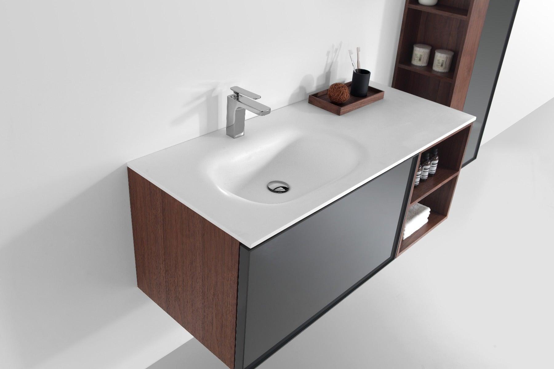 48" Walnut Wall Mount Single Sink Bathroom Vanity with Matte White Solid surface Countertop - Image 4