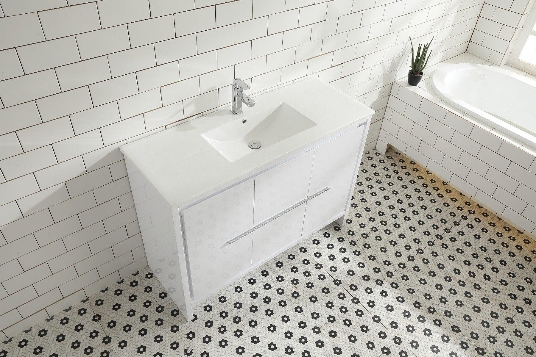 48" Glossy White Freestanding Single Sink Bathroom Vanity with White Polymarble Countertop – Image 3