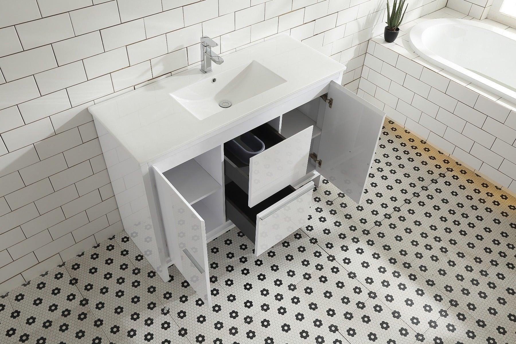 48" Glossy White Freestanding Single Sink Bathroom Vanity with White Polymarble Countertop – Image 4