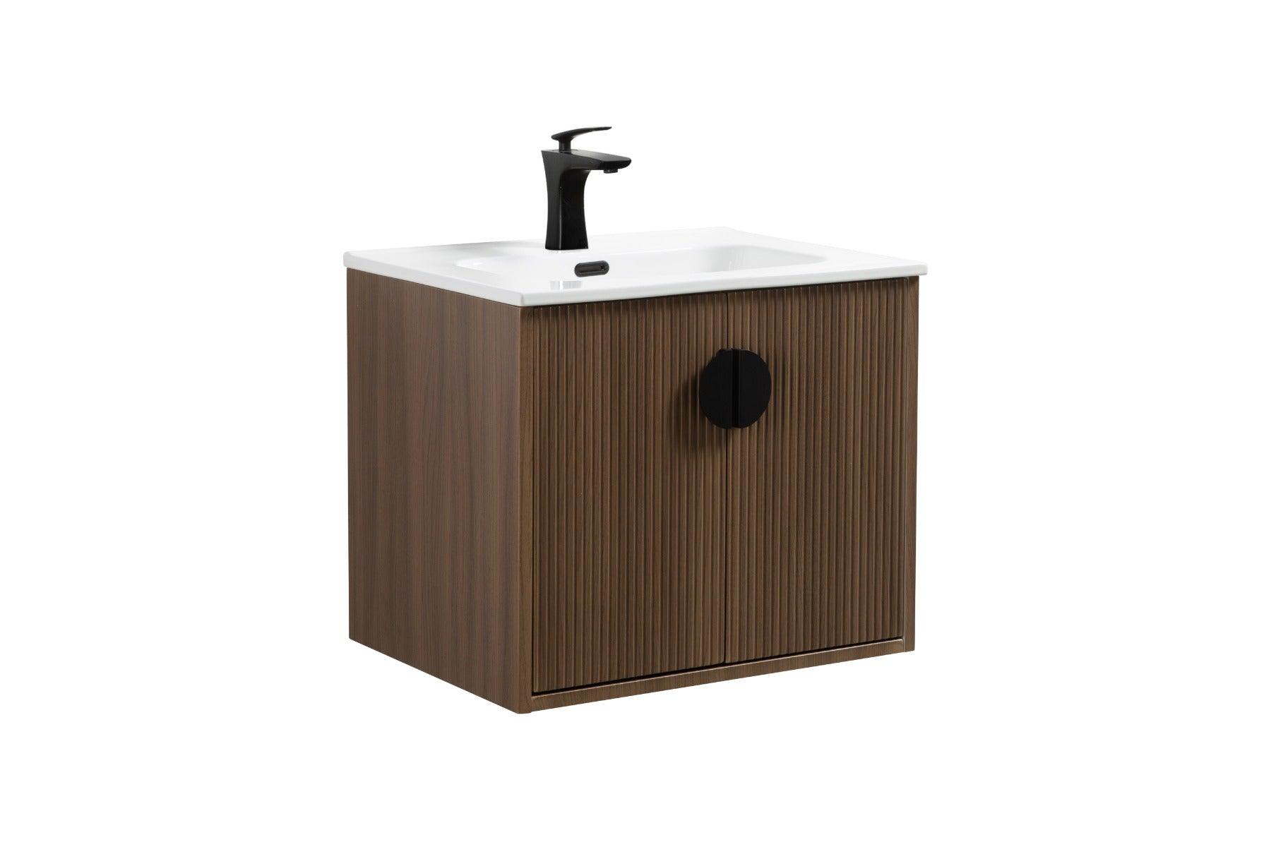 24" Oak Wall Mount Single Sink Bathroom Vanity with White Ceramic Countertop Sudbury – Image 2