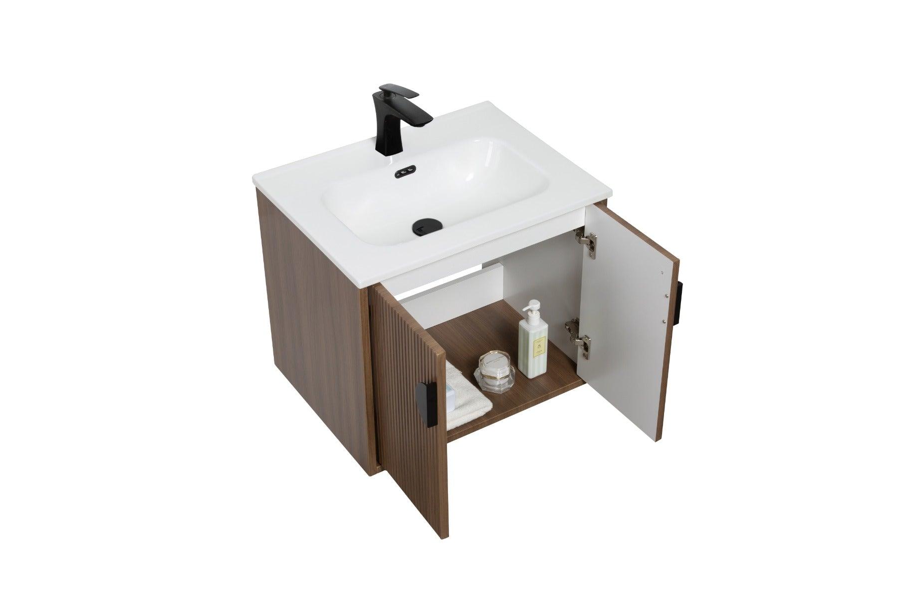 24" Oak Wall Mount Single Sink Bathroom Vanity with White Ceramic Countertop Sudbury – Image 5