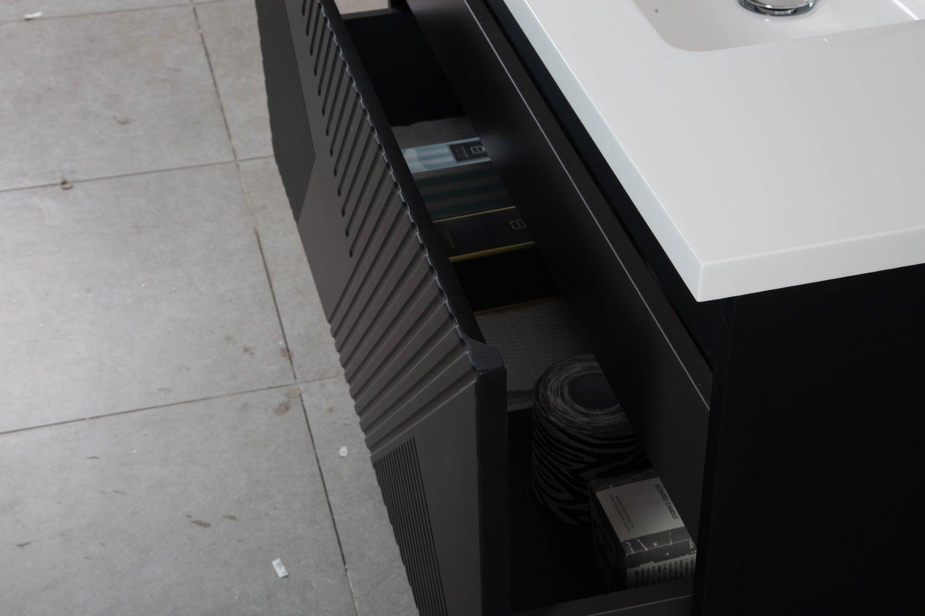 40" Black Wall Mount Bathroom Vanity with White Polymarble Countertop Roxboro – Image 6