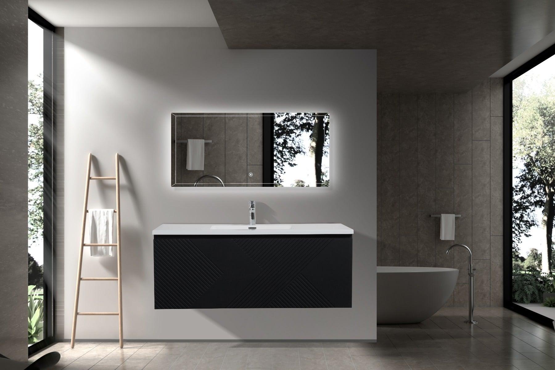 48" Black Wall Mount Bathroom Vanity with White Polymarble Countertop Roxboro – Image 4