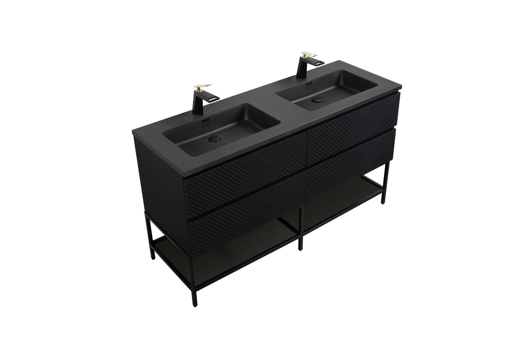 60" Black Wall Mount Bathroom Vanity with Black Engineered Quartz Countertop & Open Shelf - Image 3