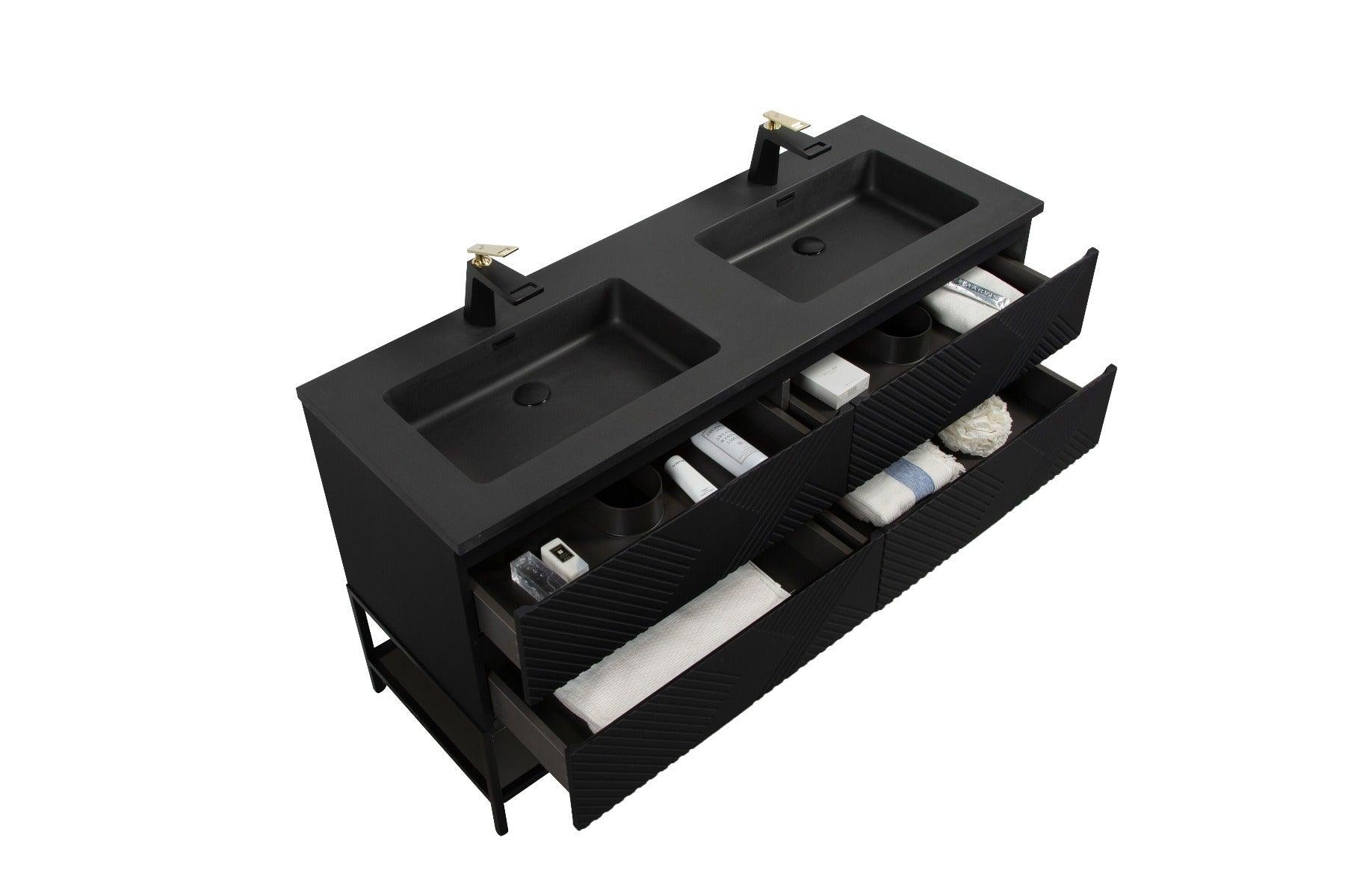 60" Black Wall Mount Bathroom Vanity with Black Engineered Quartz Countertop & Open Shelf - Image 5