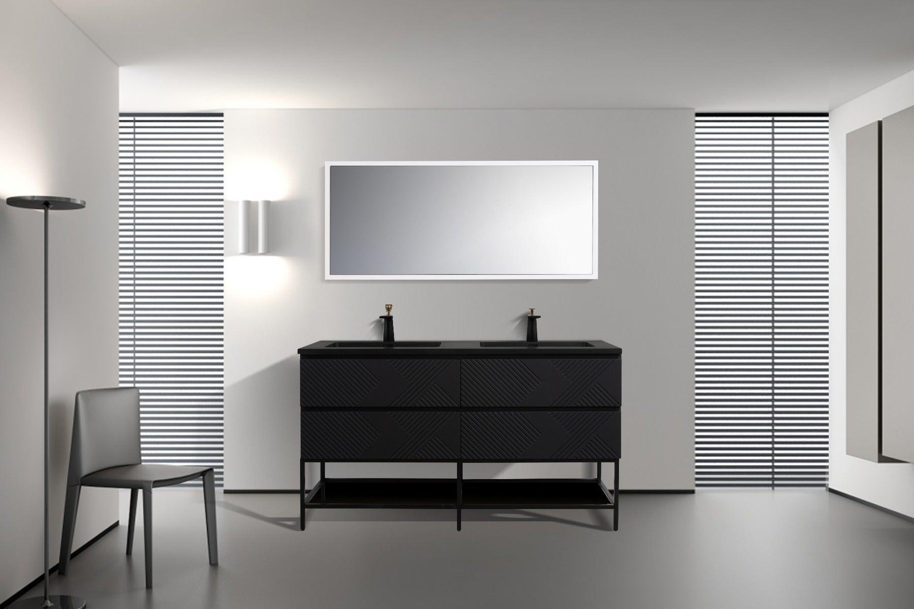 60" Black Wall Mount Bathroom Vanity with Black Engineered Quartz Countertop & Open Shelf - Image 7