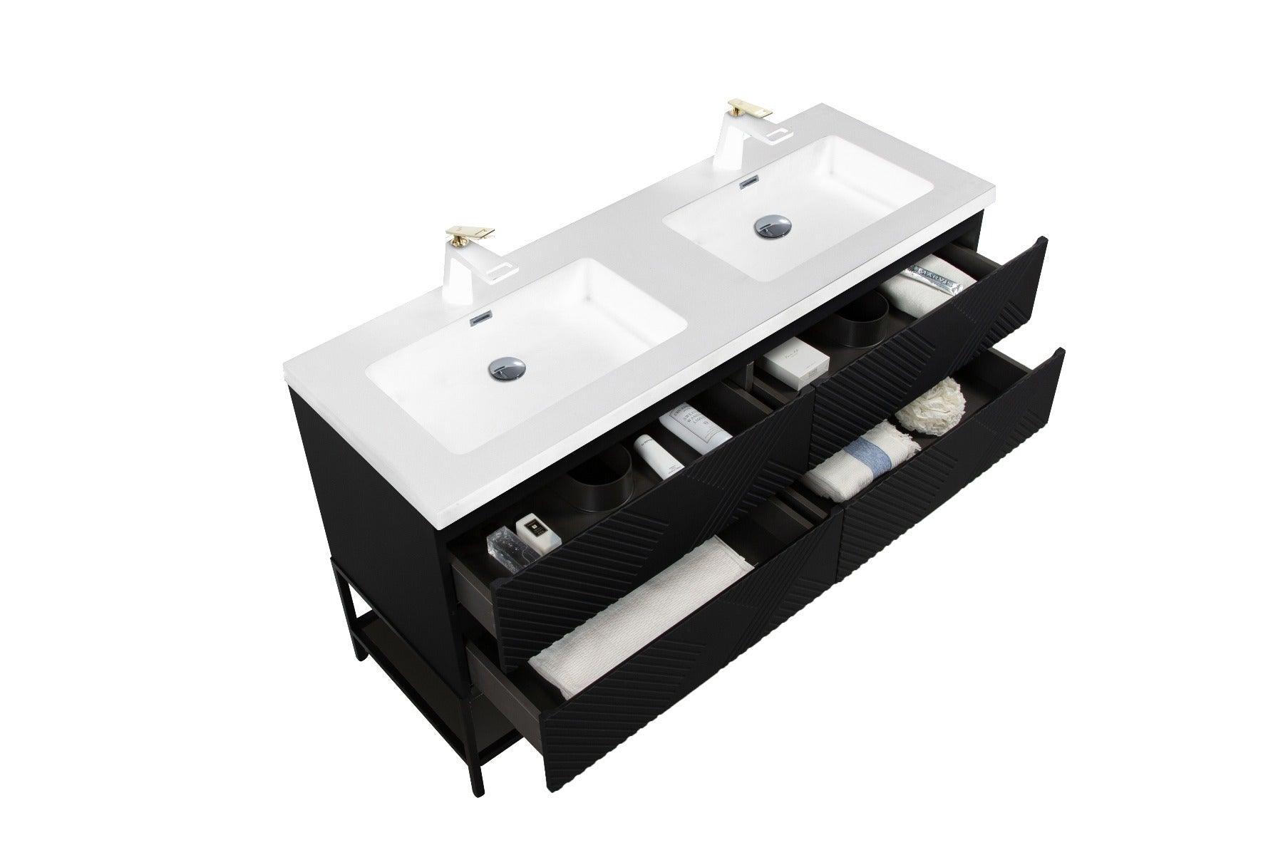 60" Black Wall Mount Bathroom Vanity with White Polymarble Countertop & Open Shelf – Image 3