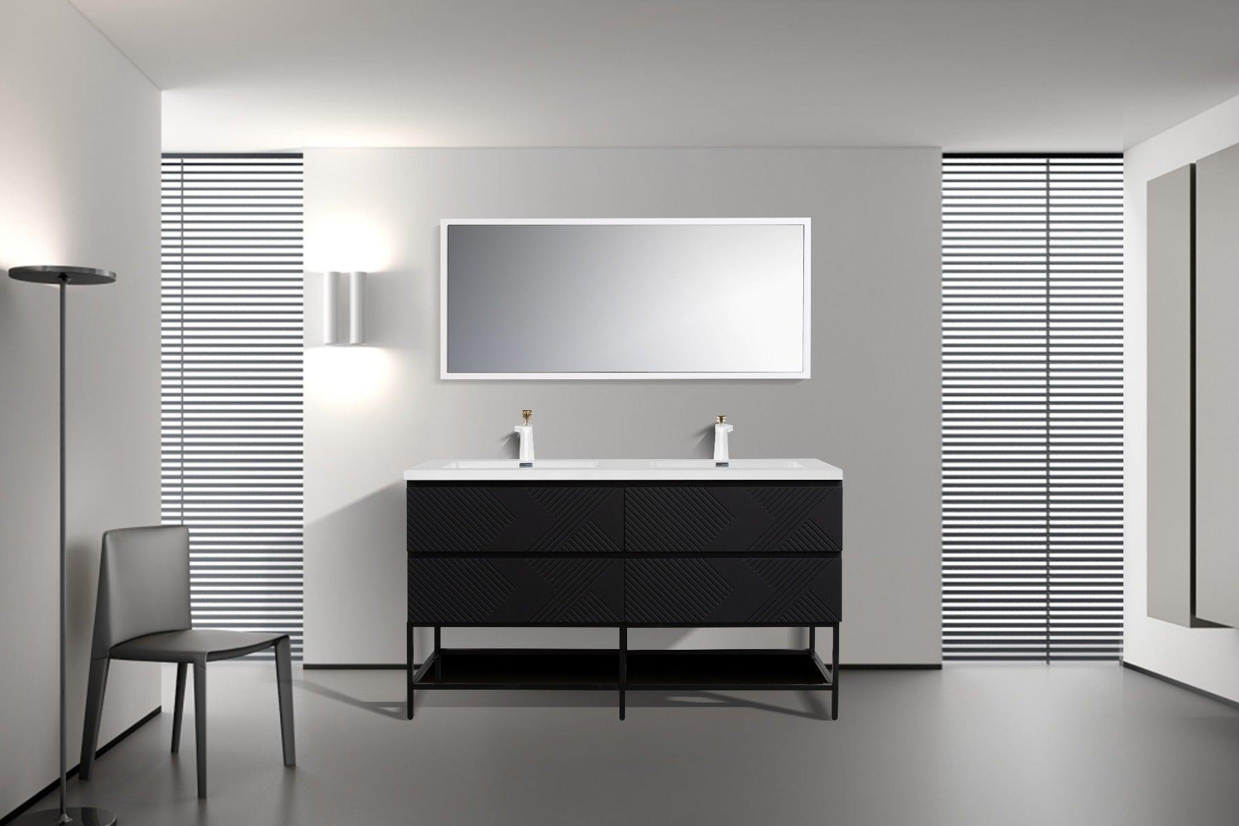 60" Black Wall Mount Bathroom Vanity with White Polymarble Countertop & Open Shelf – Image 5