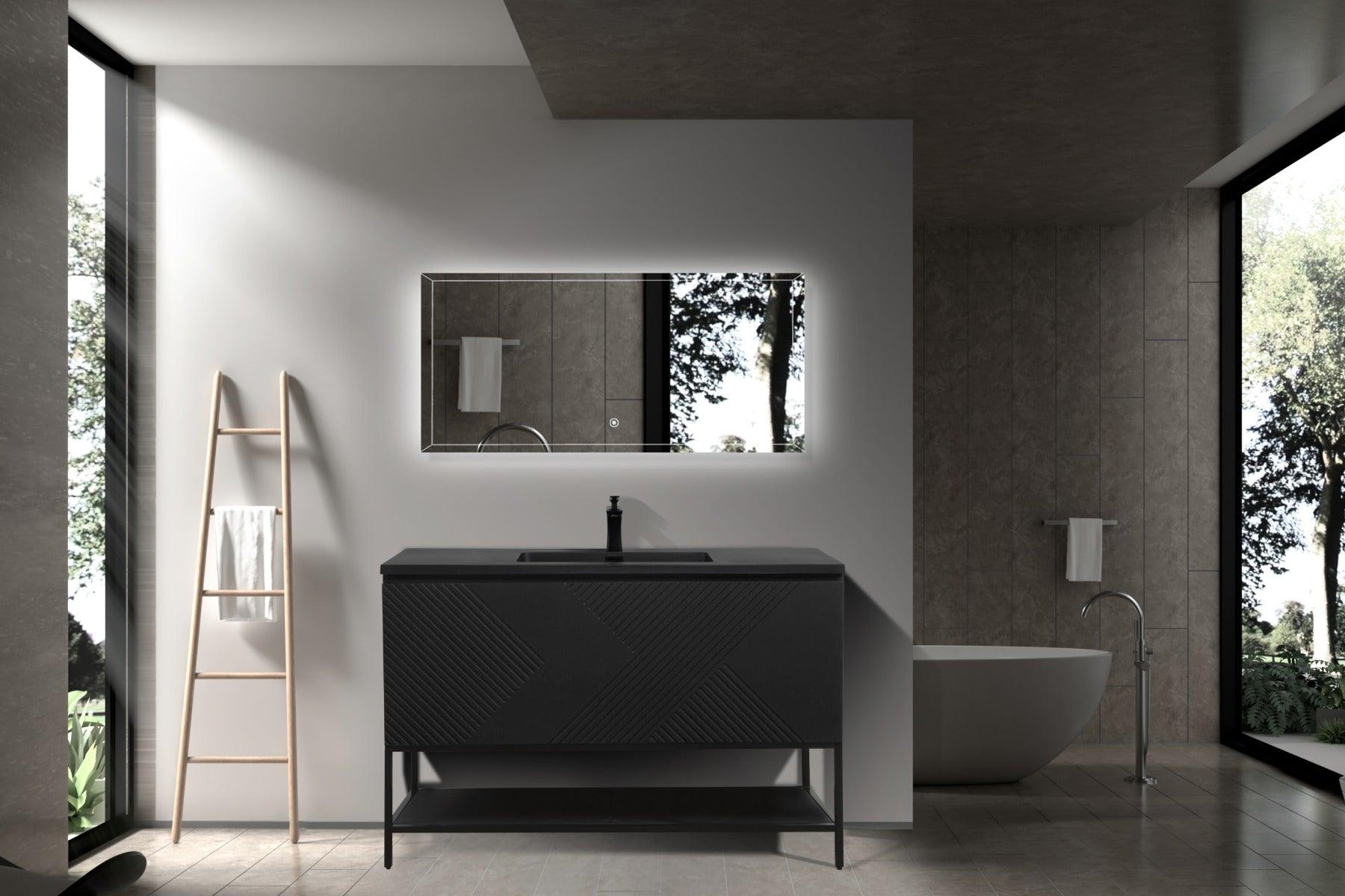 48" Black Wall Mount Bathroom Vanity with Black Engineered Quartz Countertop & Open Shelf - Image 3