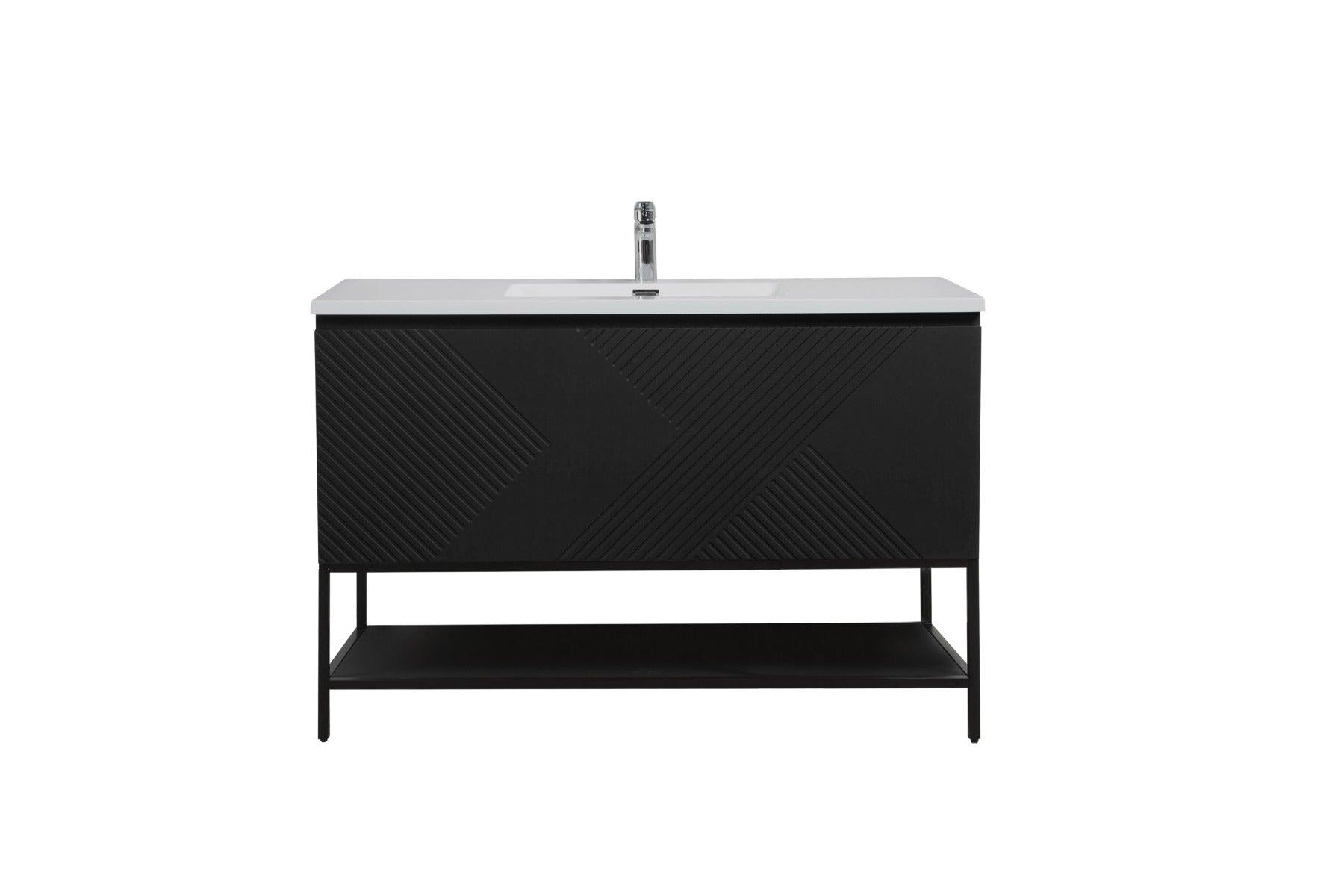 48" Black Wall Mount Bathroom Vanity with White Polymarble Countertop & Open Shelf - Image 3