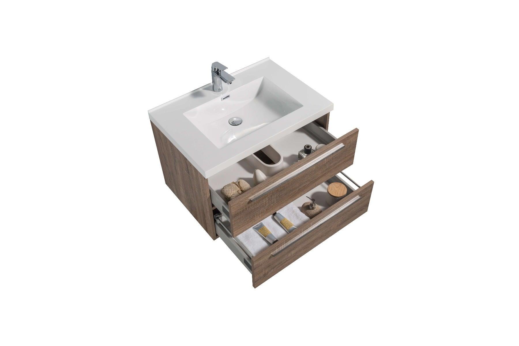 30" Soft Oak Wall Mount Bathroom Vanity with White Polymarble Countertop Sofia – Image 4