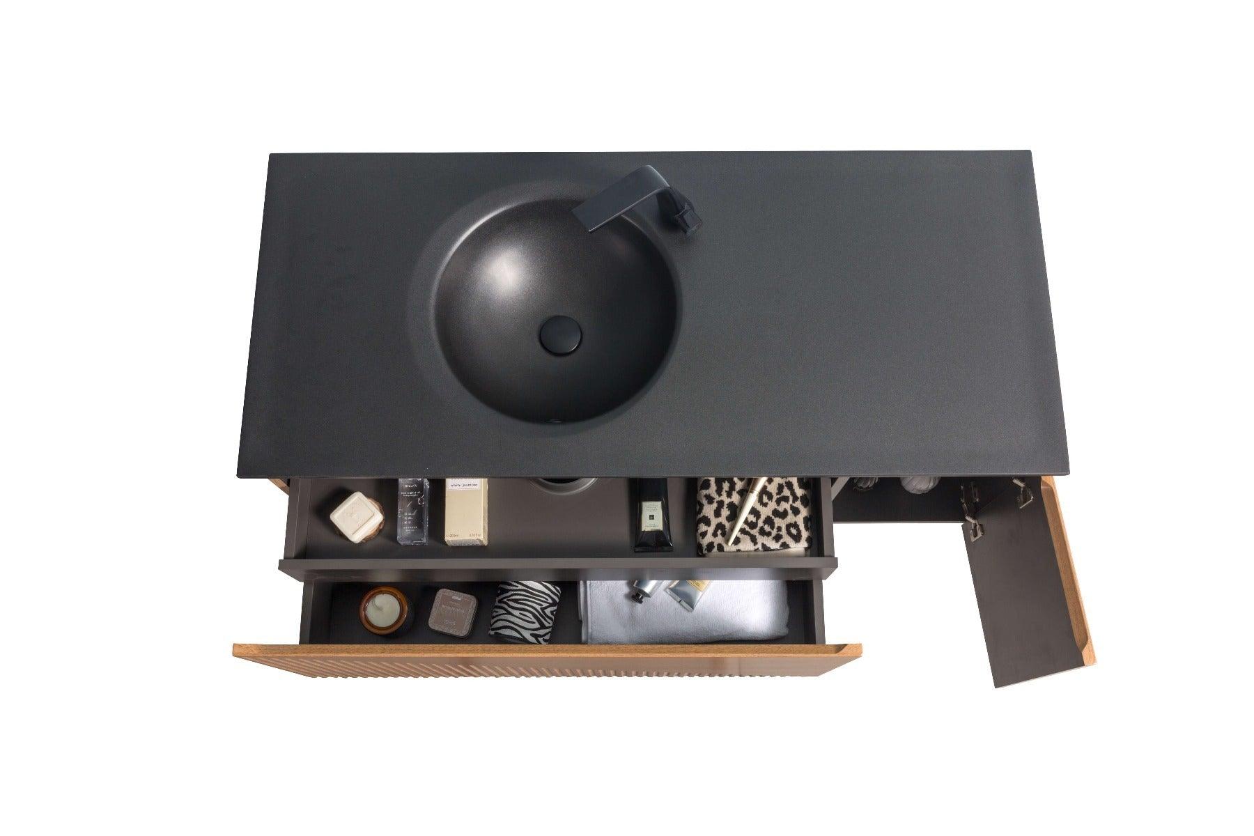 48" Light Oak Wall Mount Single Sink Bathroom Vanity with Black Engineered Quartz Countertop Simon - Image 3