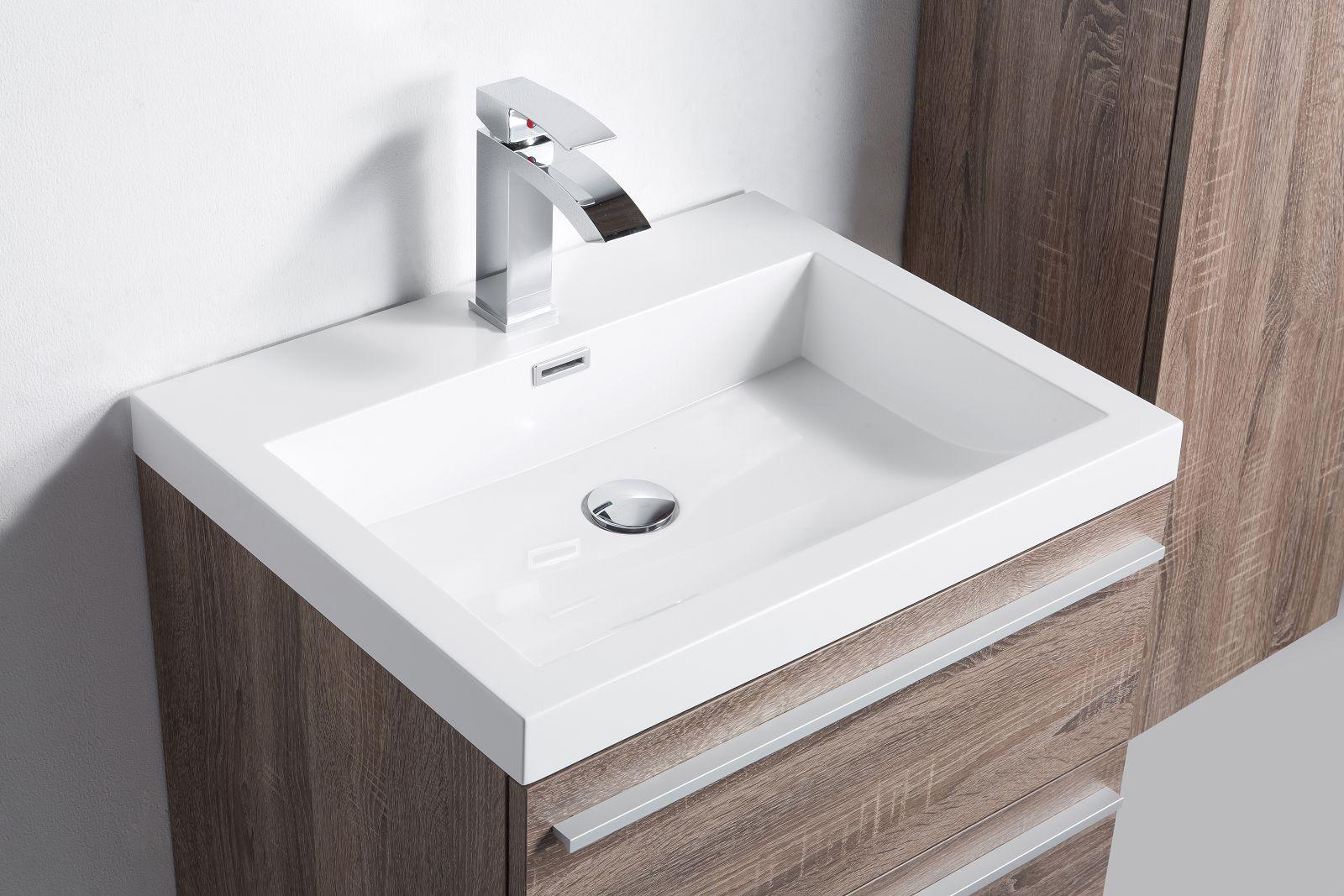 24" Soft Oak Wall Mount Bathroom Vanity with White Polymarble Countertop Sofia – Image 3