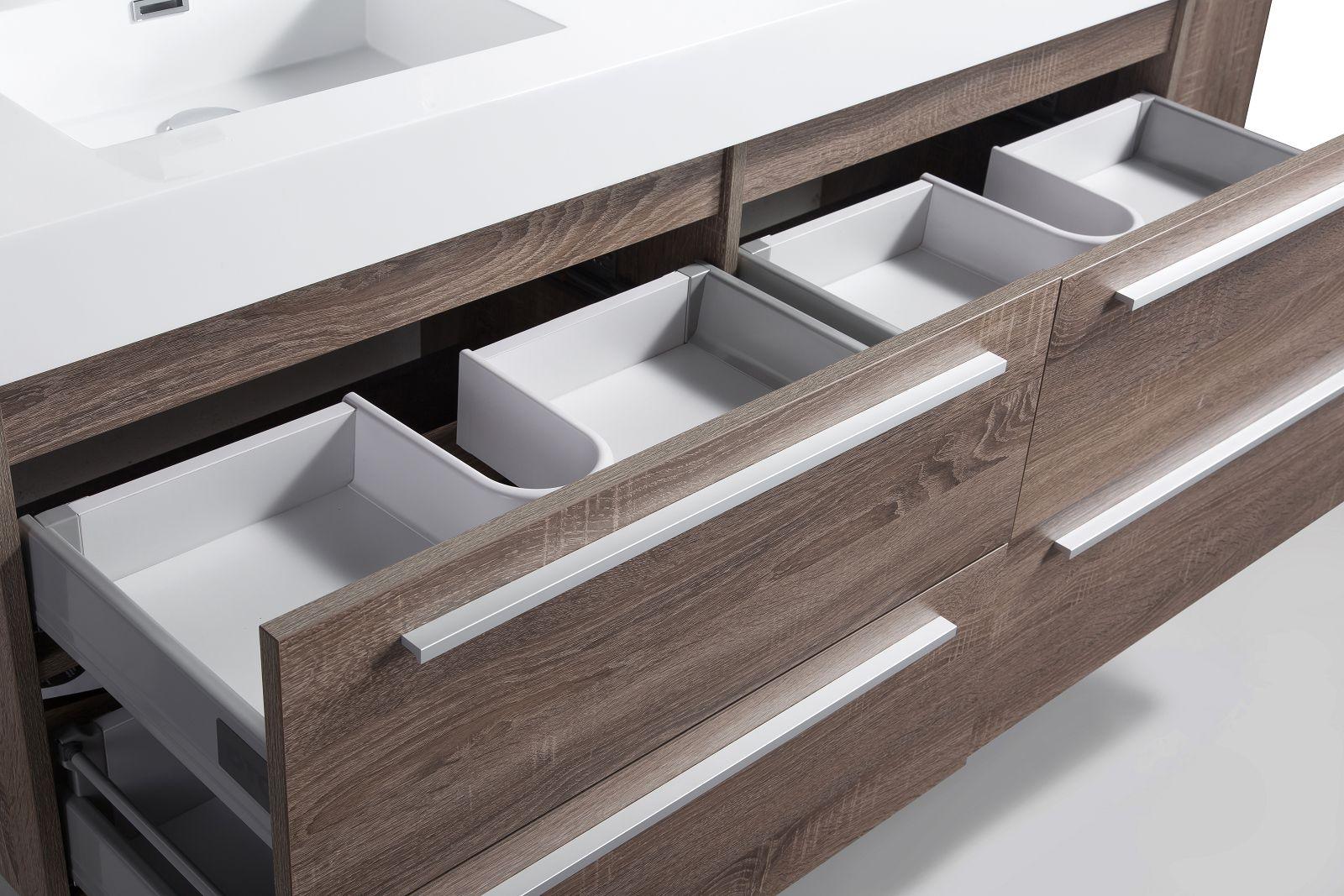 60" Soft Oak Wall Mount Double Sink Bathroom Vanity with White Polymarble Countertop Sofia – Image 6