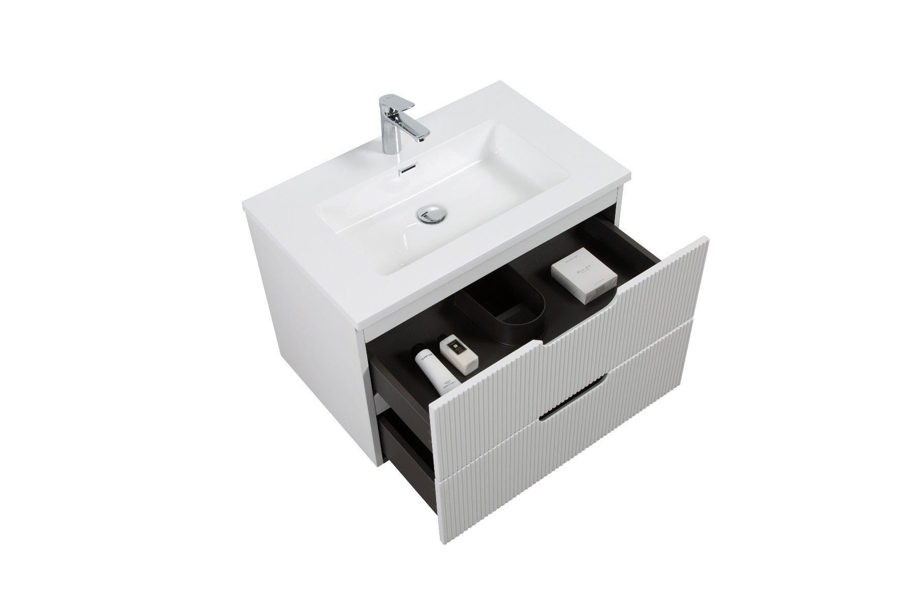 30" Glossy White Wall Mount Bathroom Vanity with White Polymarble Countertop – Image 3