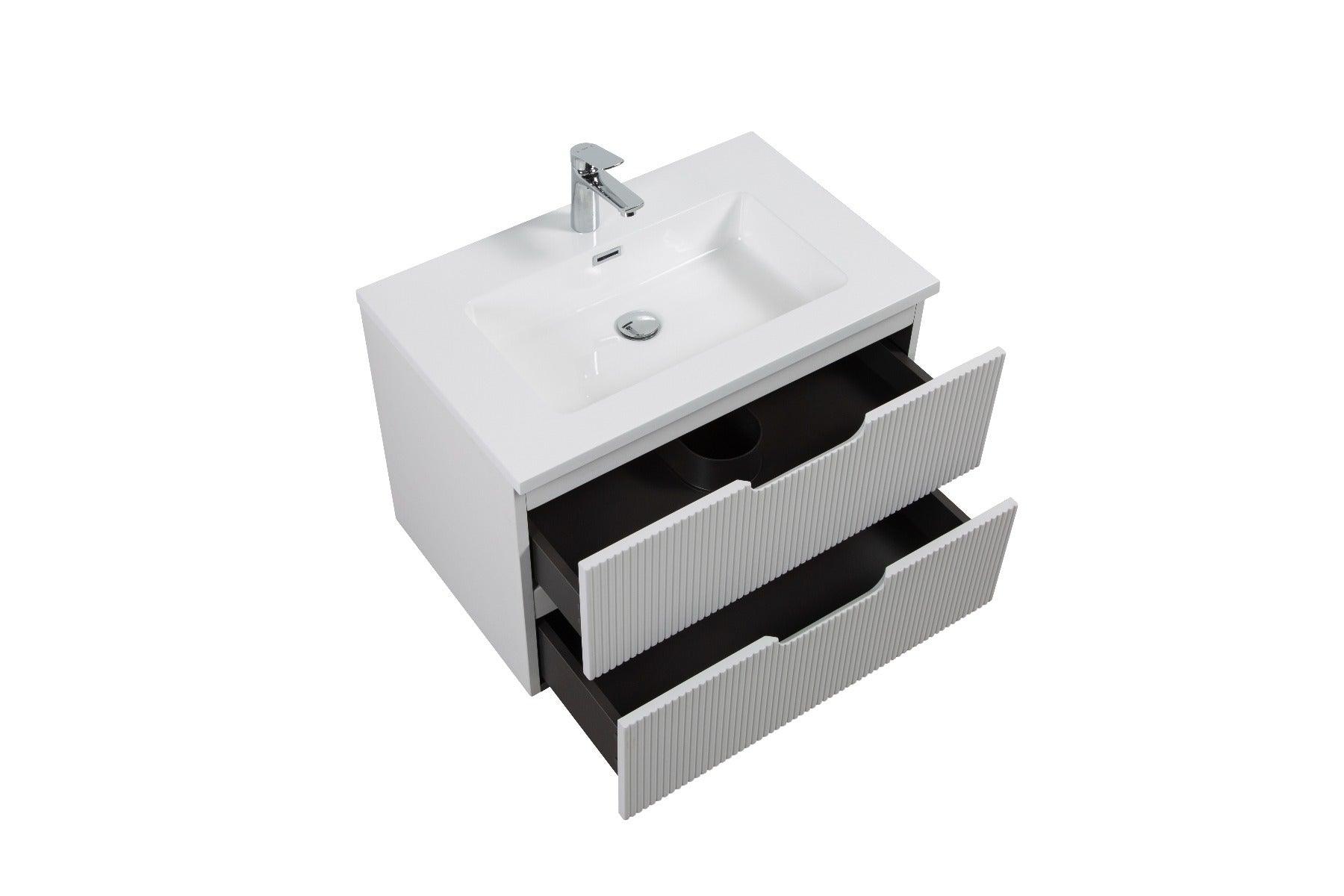 30" Glossy White Wall Mount Bathroom Vanity with White Polymarble Countertop – Image 4