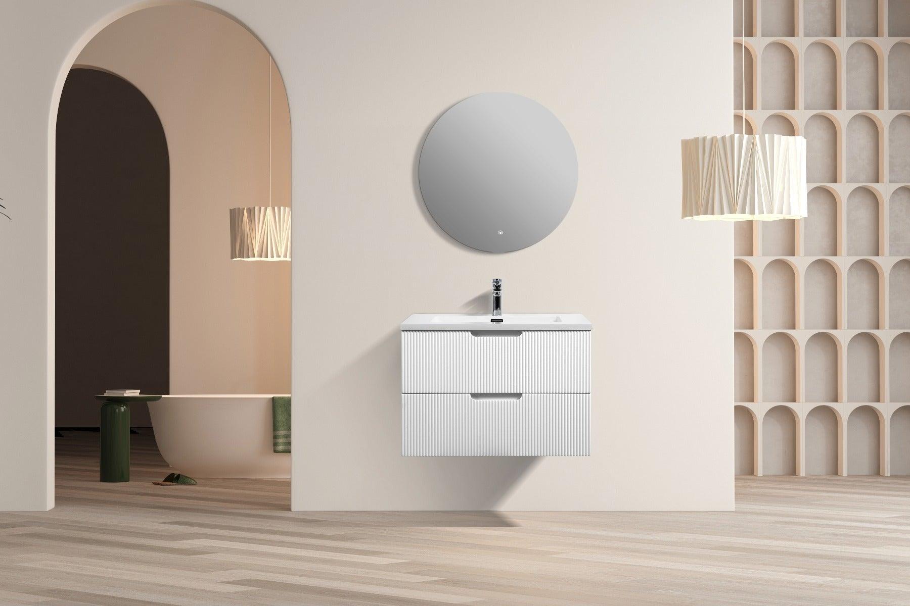 30" Glossy White Wall Mount Bathroom Vanity with White Polymarble Countertop – Image 6