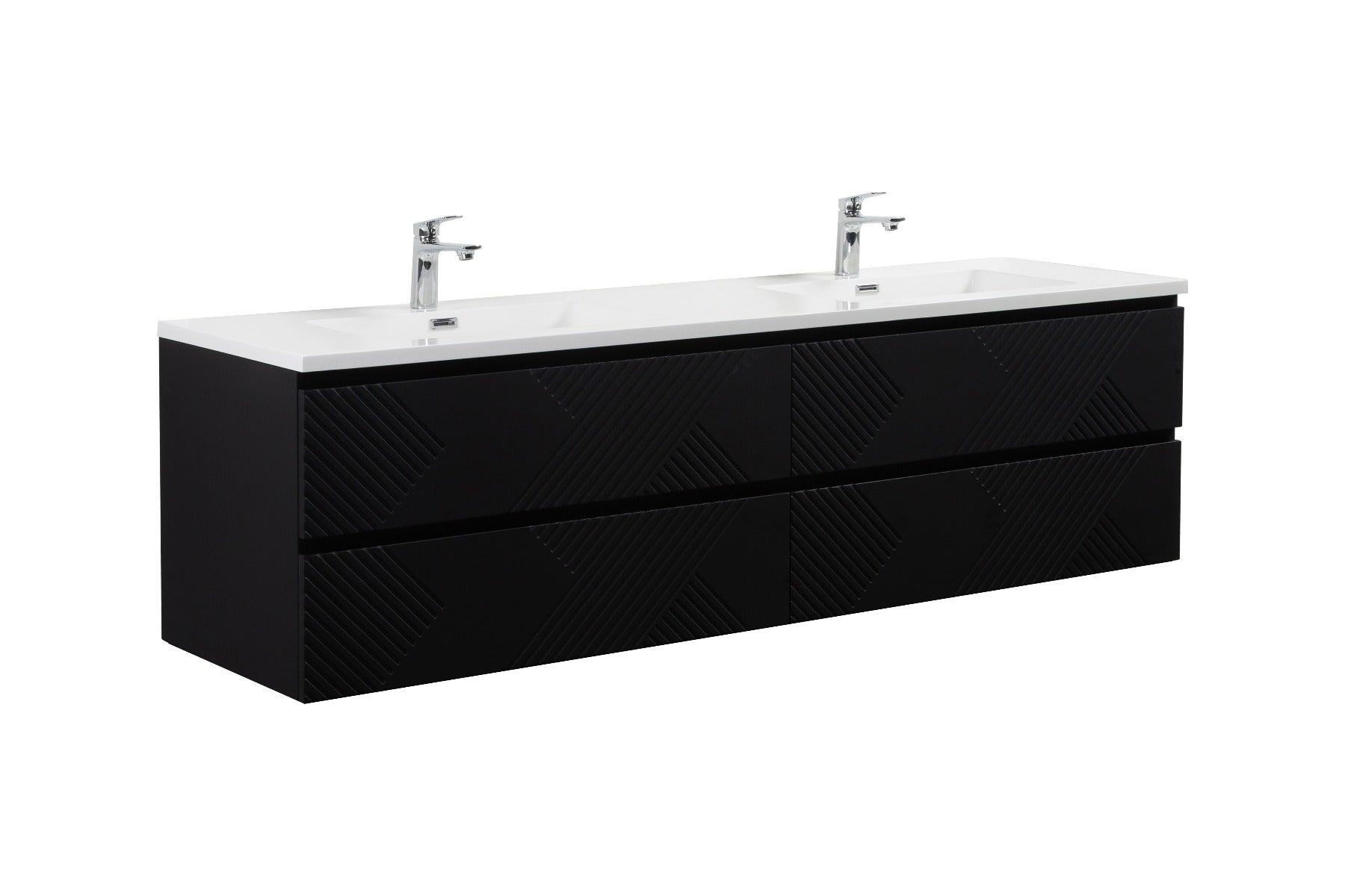 72" Black Wall Mount Double Sink Bathroom Vanity with White Polymarble Countertop – Image 3