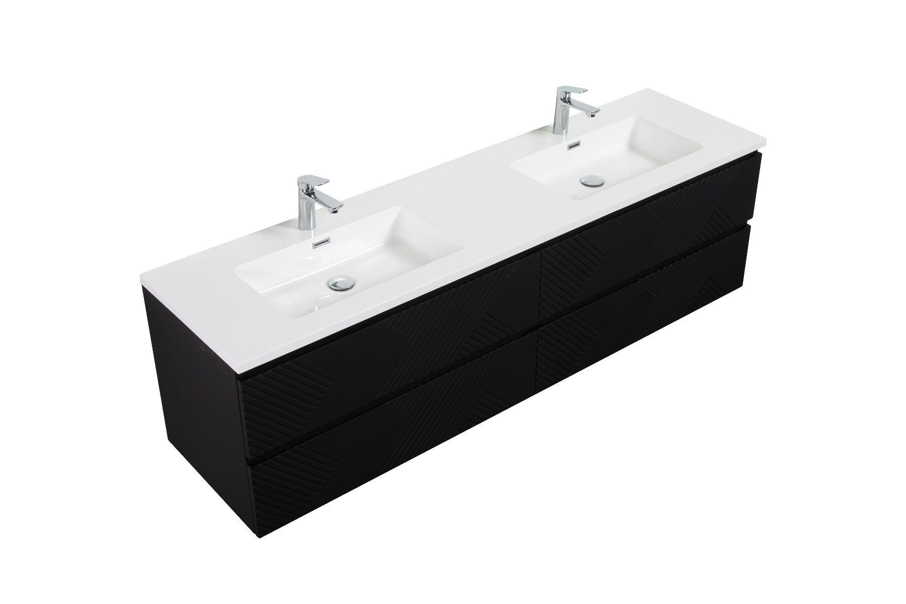 72" Black Wall Mount Double Sink Bathroom Vanity with White Polymarble Countertop – Image 4