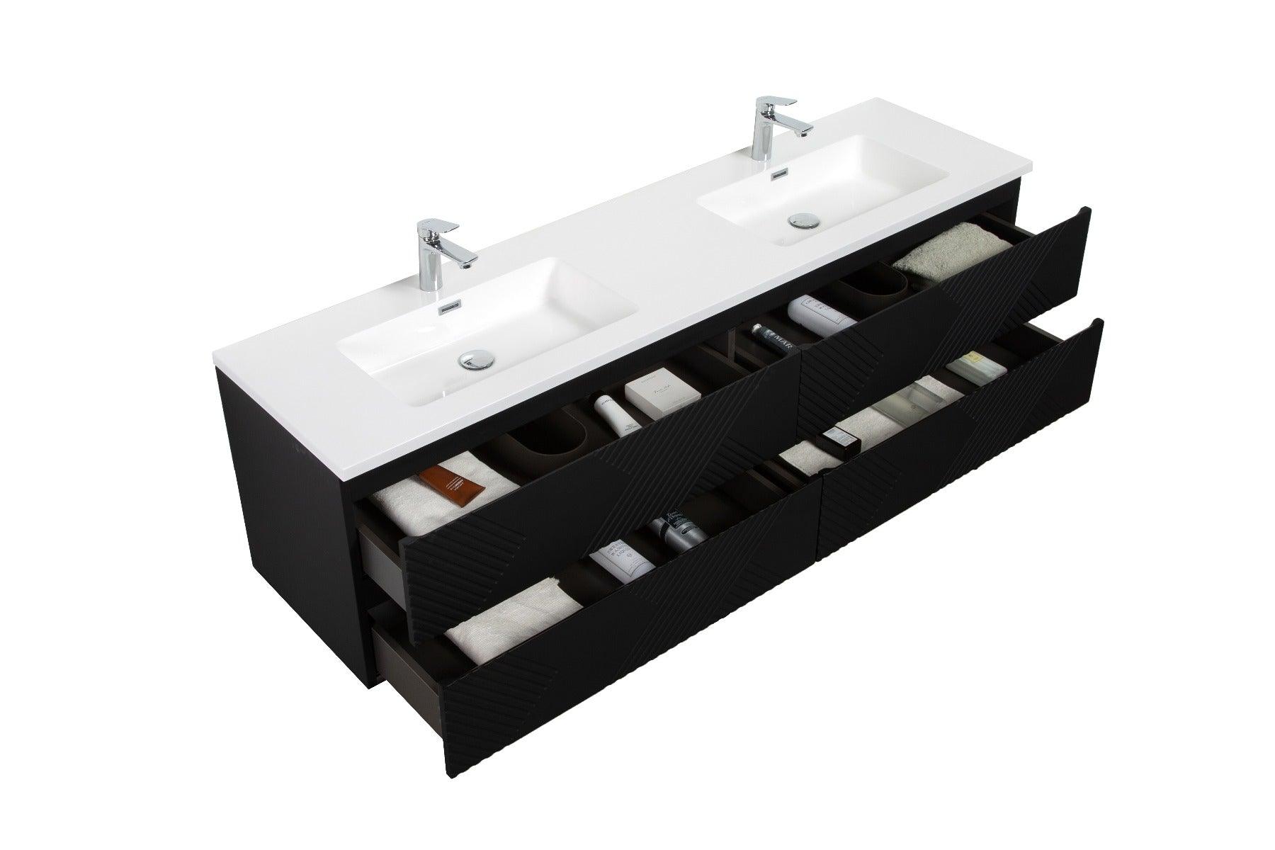 72" Black Wall Mount Double Sink Bathroom Vanity with White Polymarble Countertop – Image 5