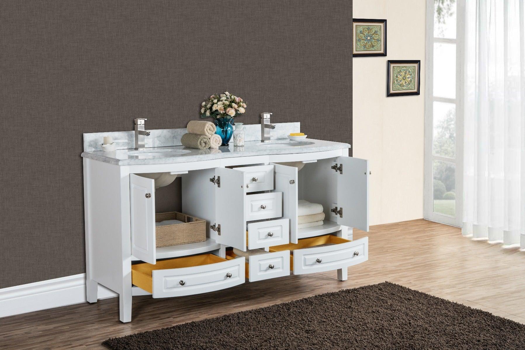 60" White Freestanding Double Sink Bathroom Vanity with Carrera Marble Countertop Porto - Image 6