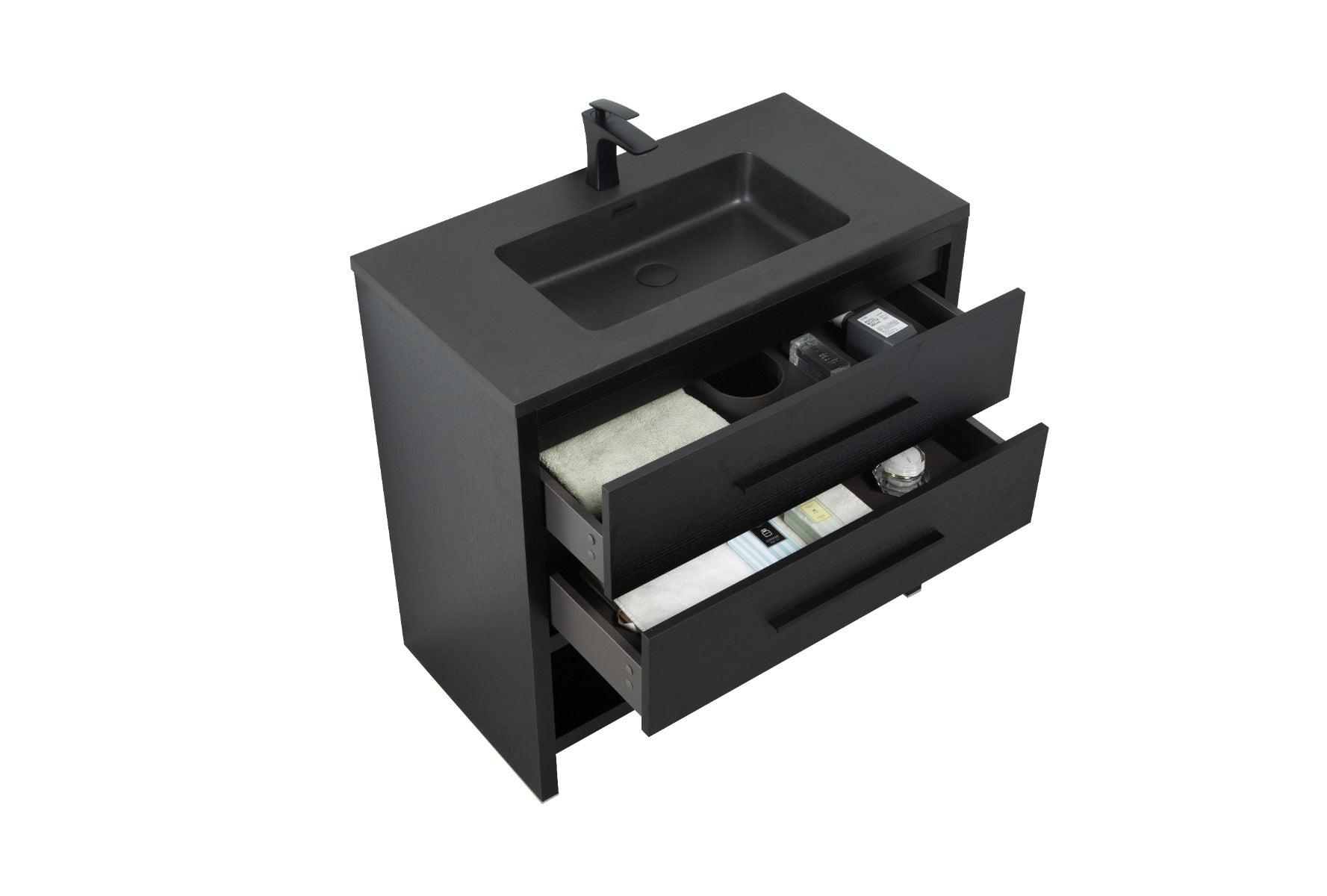 36" Black Rough Oak Freestanding Bathroom Vanity with Black Engineered Quartz Countertop – Image 5