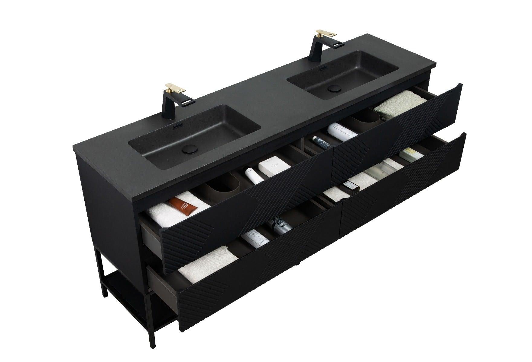 72" Black Wall Mount Double Sink Bathroom Vanity with Black Engineered Quartz Countertop & Open Shelf – Image 5