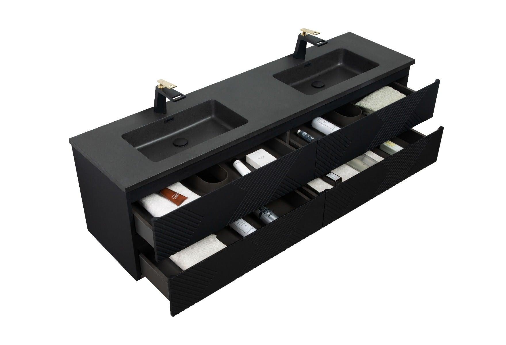 72" Black Wall Mount Double Sink Bathroom Vanity with Black Engineered Quartz Countertop – Image 5