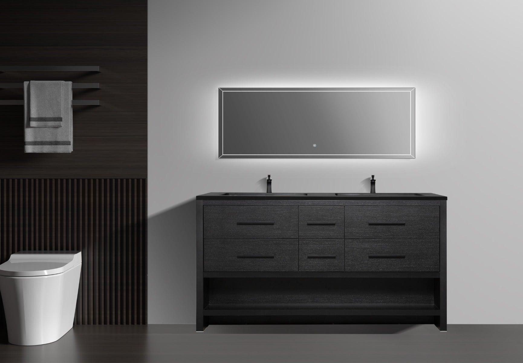 72" Black Rough Oak Freestanding Bathroom Vanity with Black Engineered Quartz Countertop – Image 2