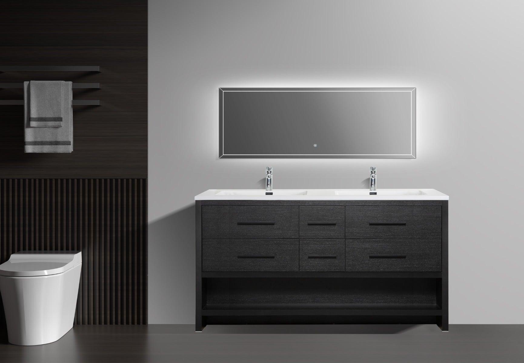 72" Black Rough Oak Freestanding Double Sink Bathroom Vanity with White Polymarble Countertop – Image 6
