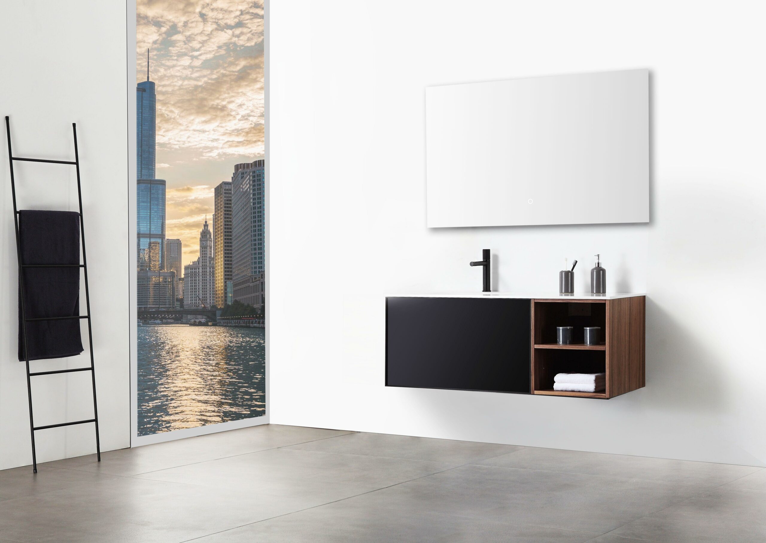 48" Walnut Wall Mount Single Sink Bathroom Vanity with Matte White Solid surface Countertop - Image 7