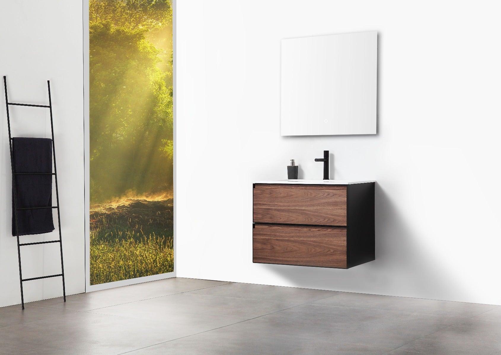 30" Walnut Wall Mount Bathroom Vanity with White Solid surface Countertop – Image 8