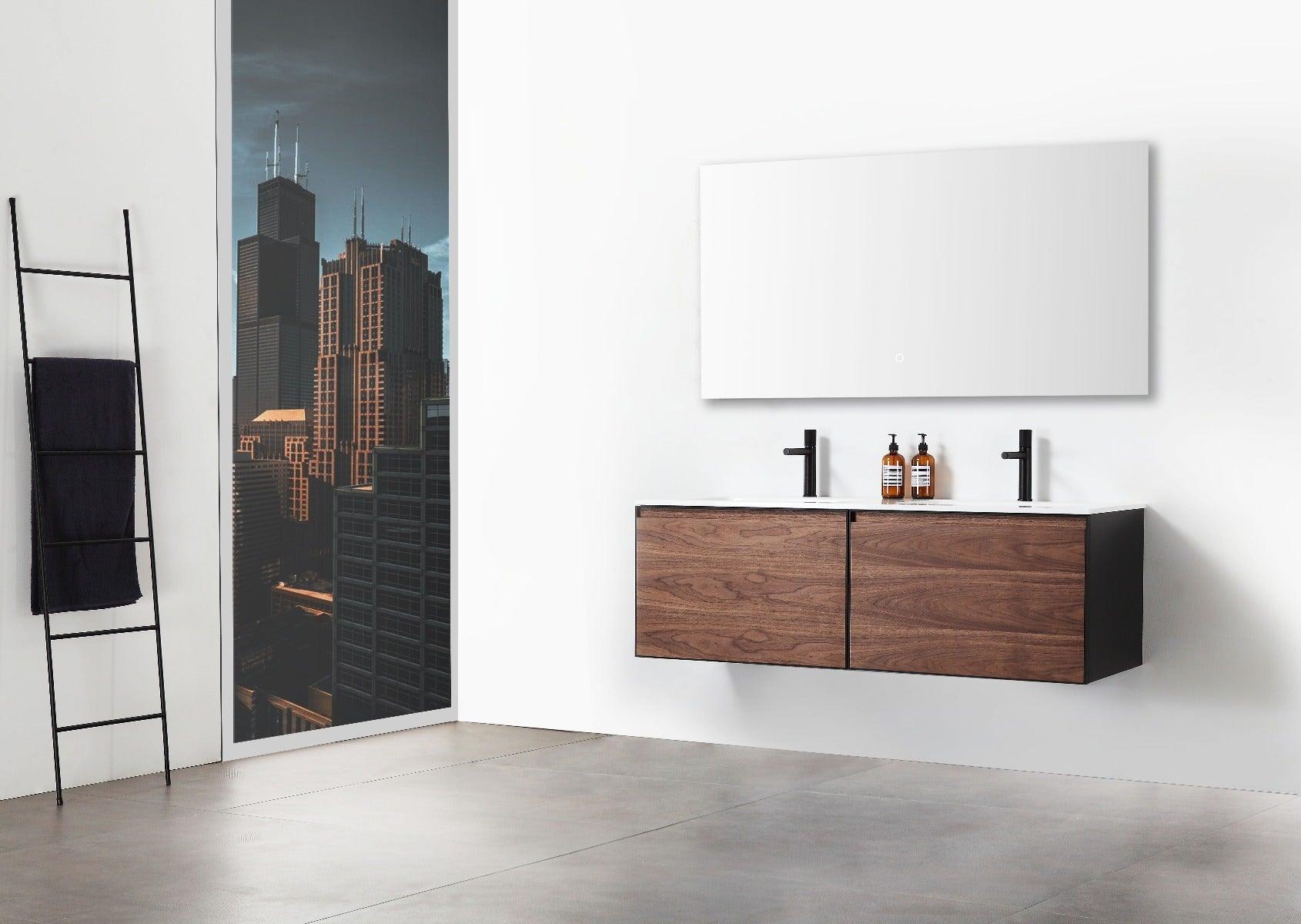 60" Walnut Wall Mount Double Sink Bathroom Vanity with Glossy White Solid Surface Countertop - Image 7