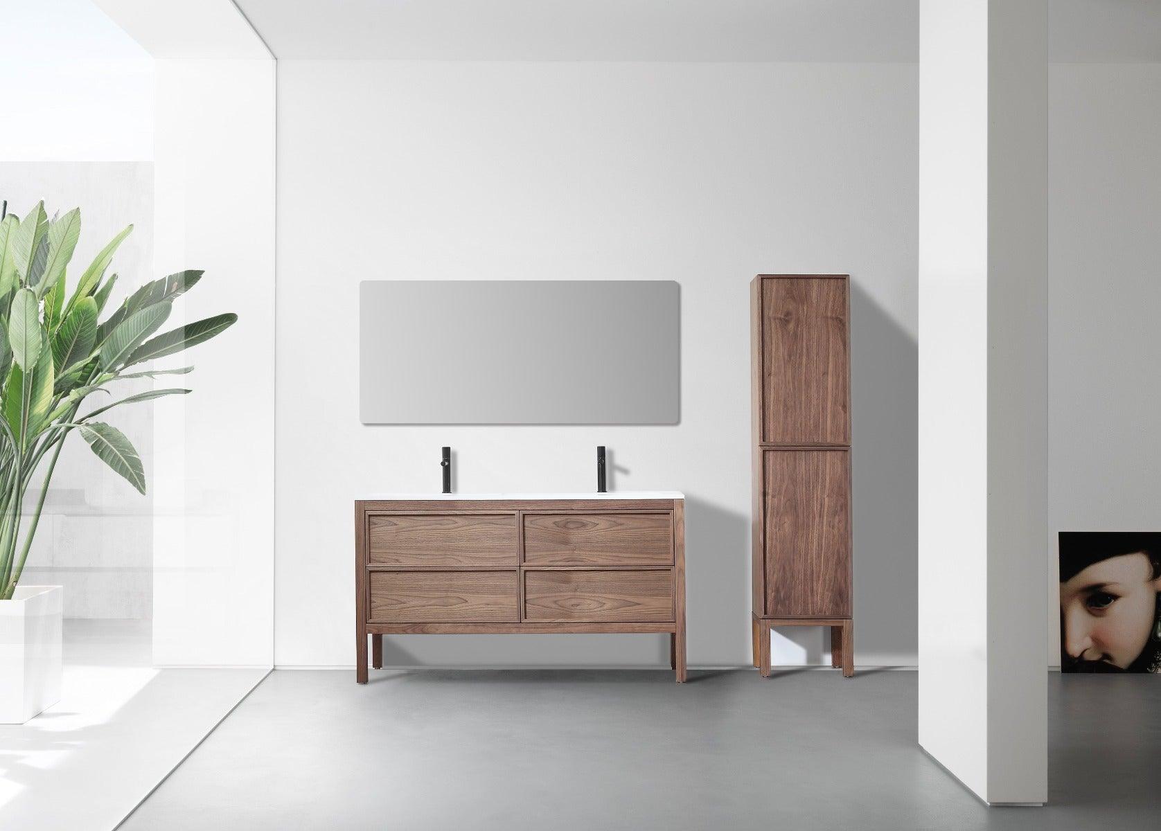 60" Natural Walnut Freestanding Double Sink Bathroom Vanity with White Solid Surface Countertop Vista – Image 9