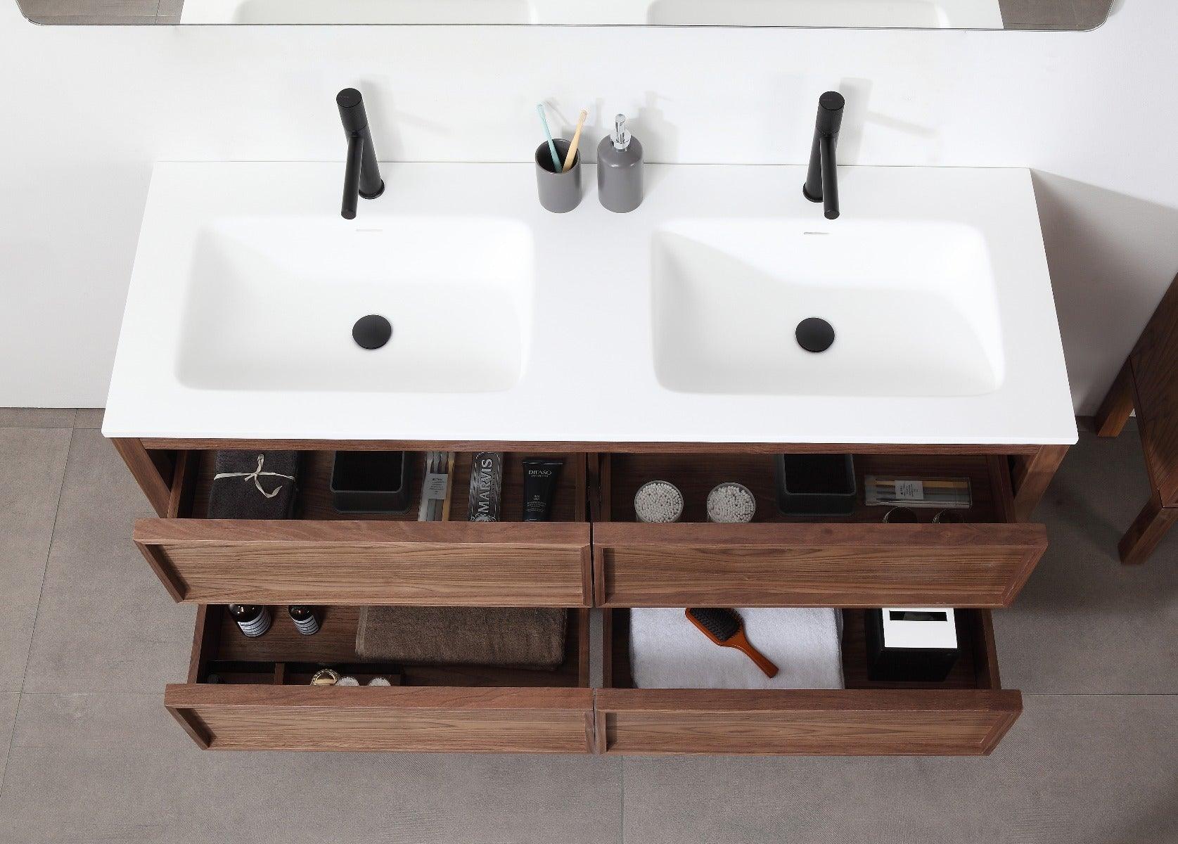 60" Natural Walnut Freestanding Double Sink Bathroom Vanity with White Solid Surface Countertop Vista – Image 5