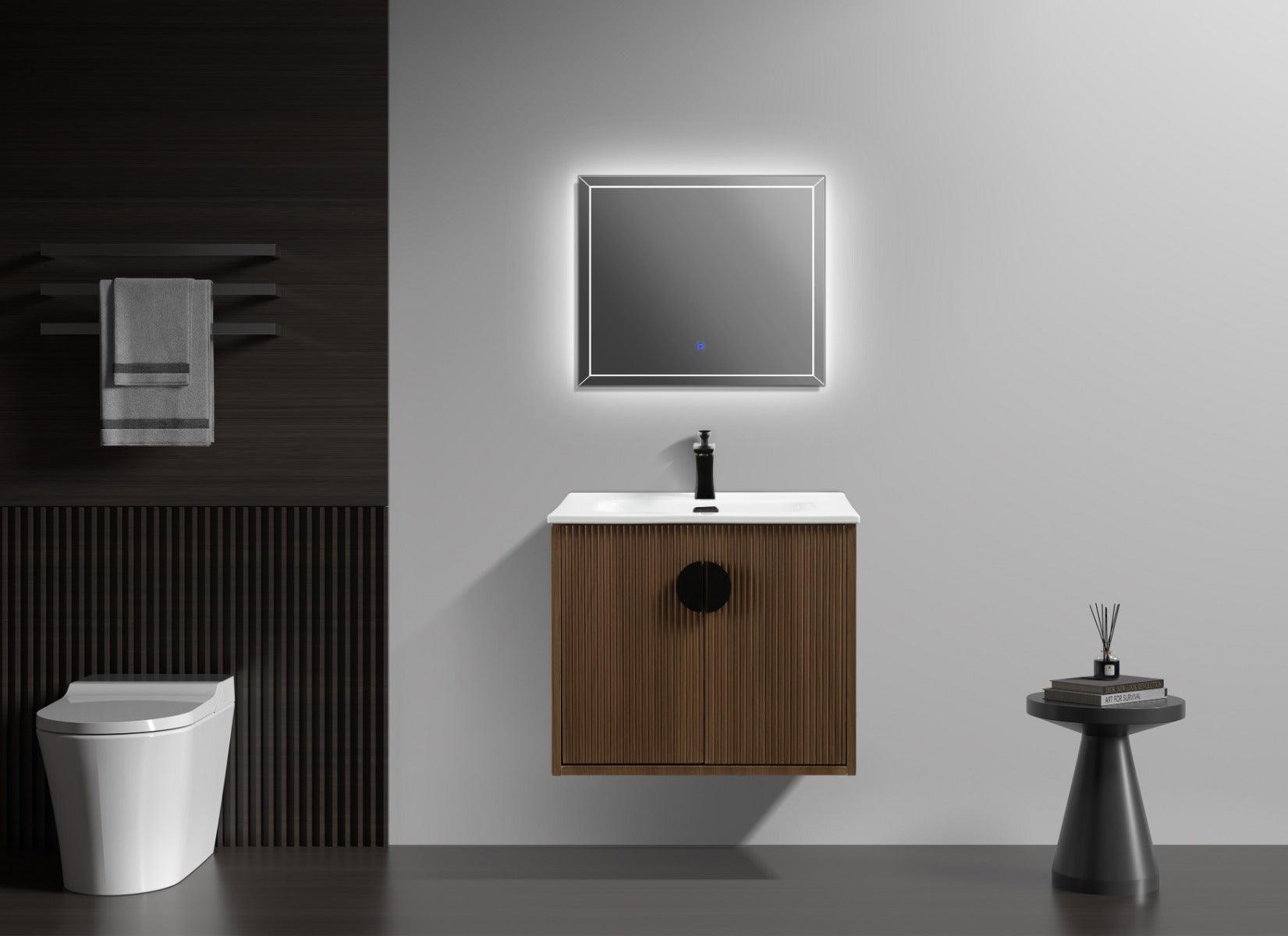 24" Oak Wall Mount Single Sink Bathroom Vanity with White Ceramic Countertop Sudbury - Image 1