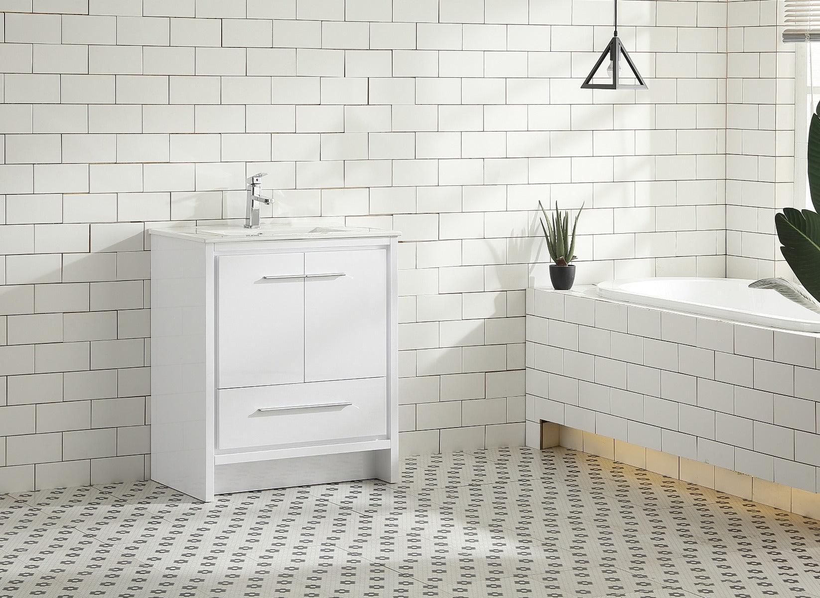 30" Glossy White Freestanding Bathroom Vanity with White Polymarble Countertop – Image 3