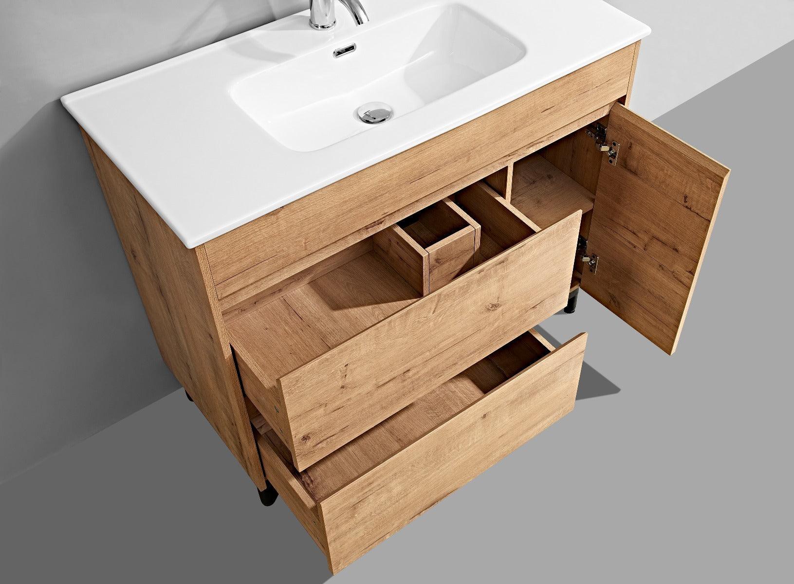 40" Soft Oak Freestanding Bathroom Vanity with White Ceramic Countertop *FREE FAUCET* – Image 4