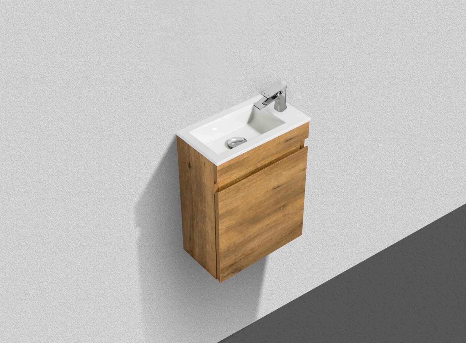 16" Natural Oak Wall Mount Bathroom Vanity with White Polymarble Countertop Mini - Mirror and Faucet included – Image 3