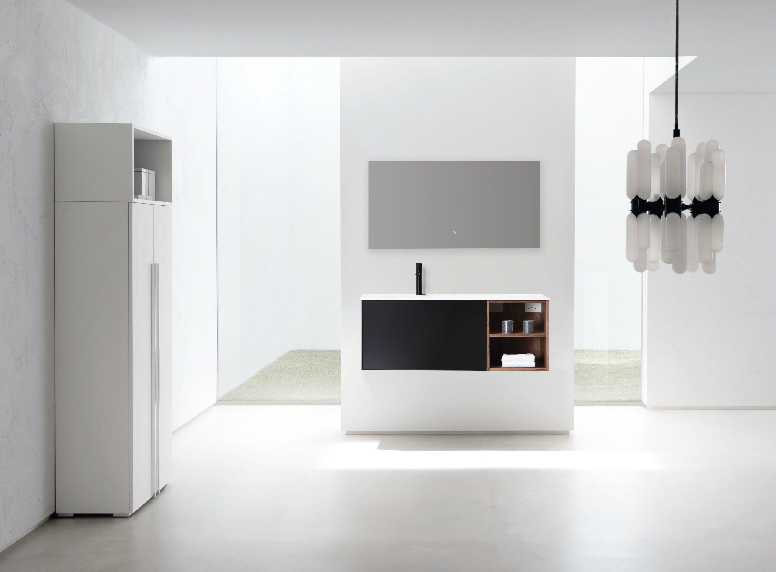 48" Walnut Wall Mount Single Sink Bathroom Vanity with Matte White Solid surface Countertop - Image 1